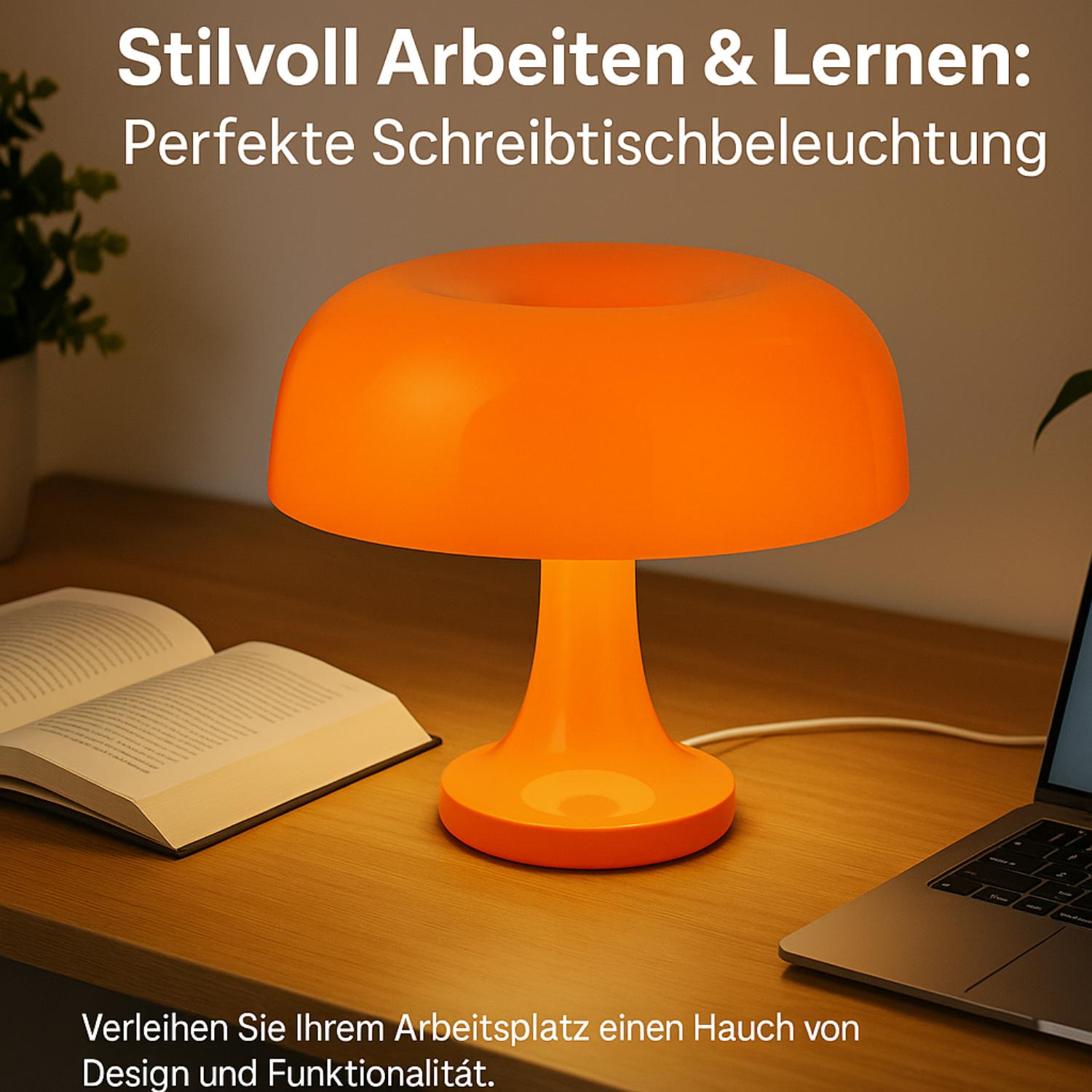 Orangefarbene Lampe mit offenem Buch auf einem Holztisch und einem Laptop. Text: 'Stilvolles Arbeiten & Lernen'.
