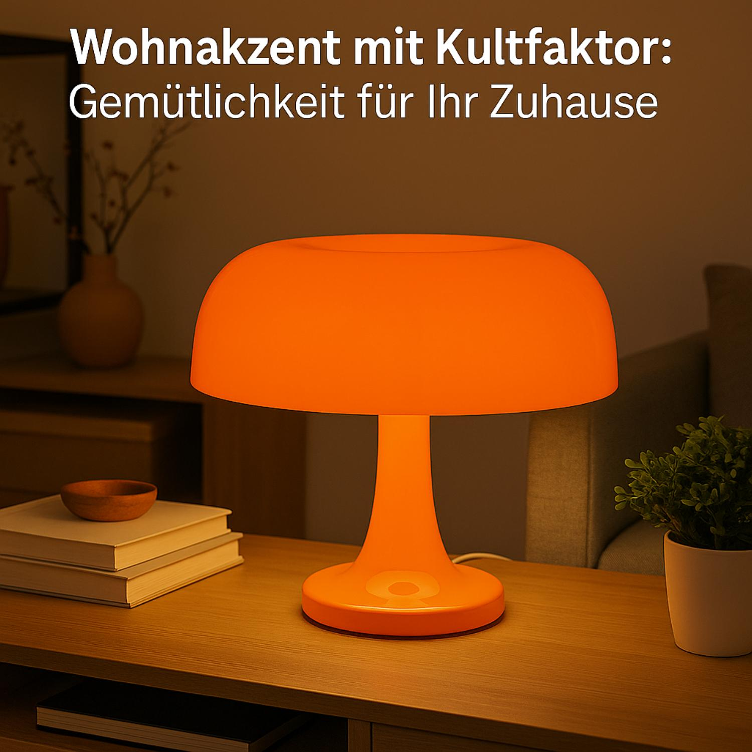 Orangefarbene Lampe auf einem Holztisch, Bücher und eine Pflanze.