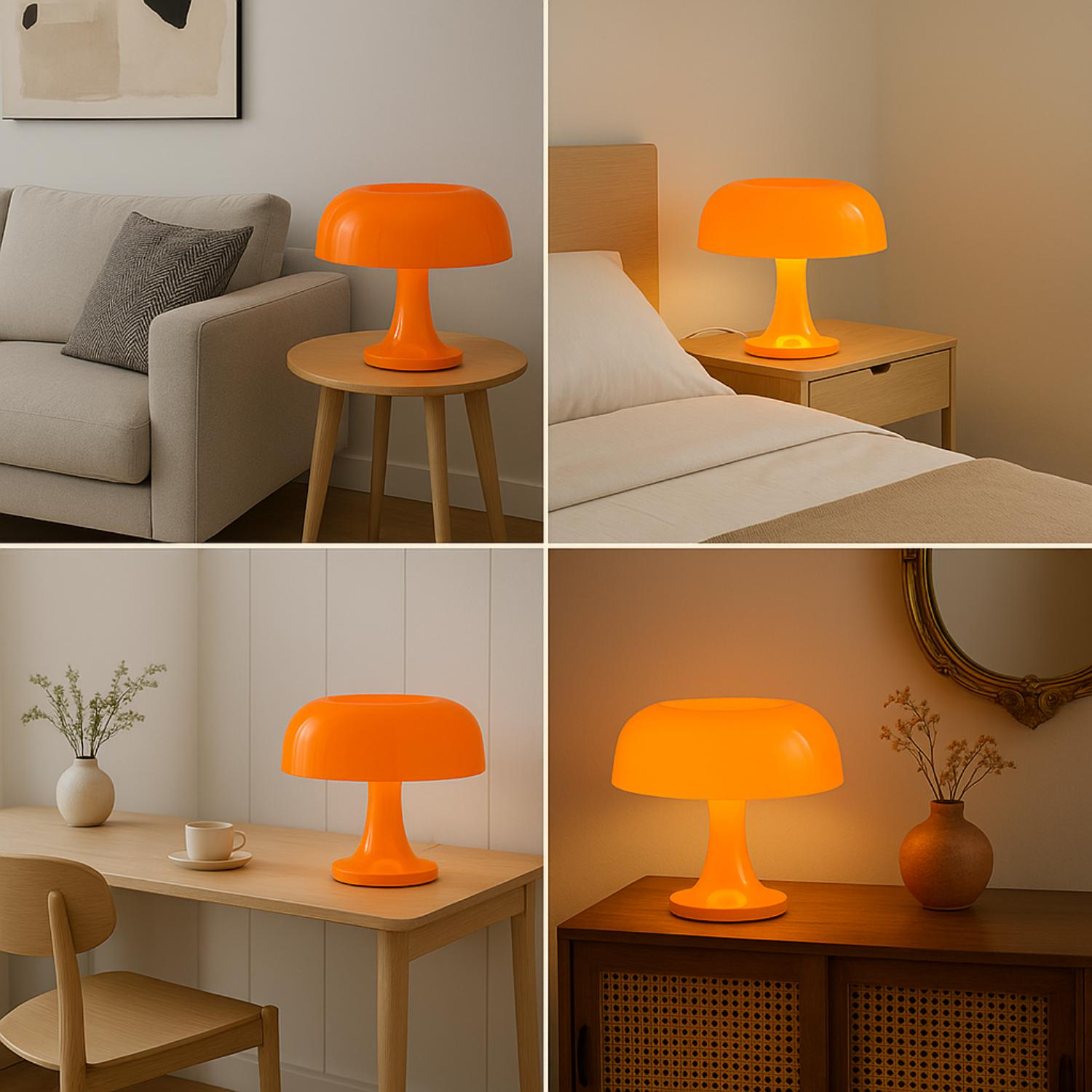 Orangefarbene Pilzlampe in vier verschiedenen Umgebungen: Wohnzimmer, Schlafzimmer, Schreibtisch und Beistelltisch.