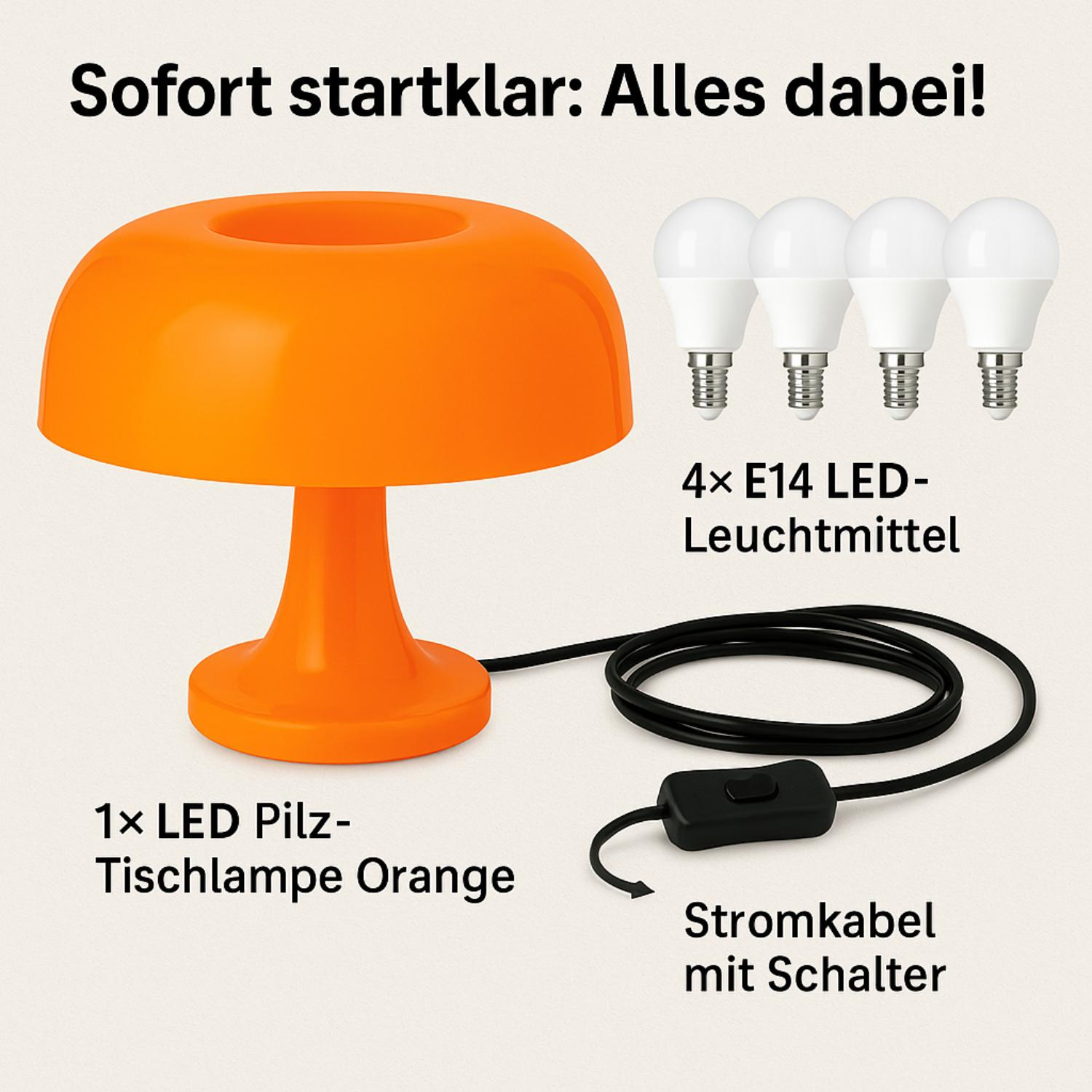 Orangefarbene Pilzlampe, 4 LED-Glühbirnen, Netzkabel mit Schalter. Sofort einsatzbereit.