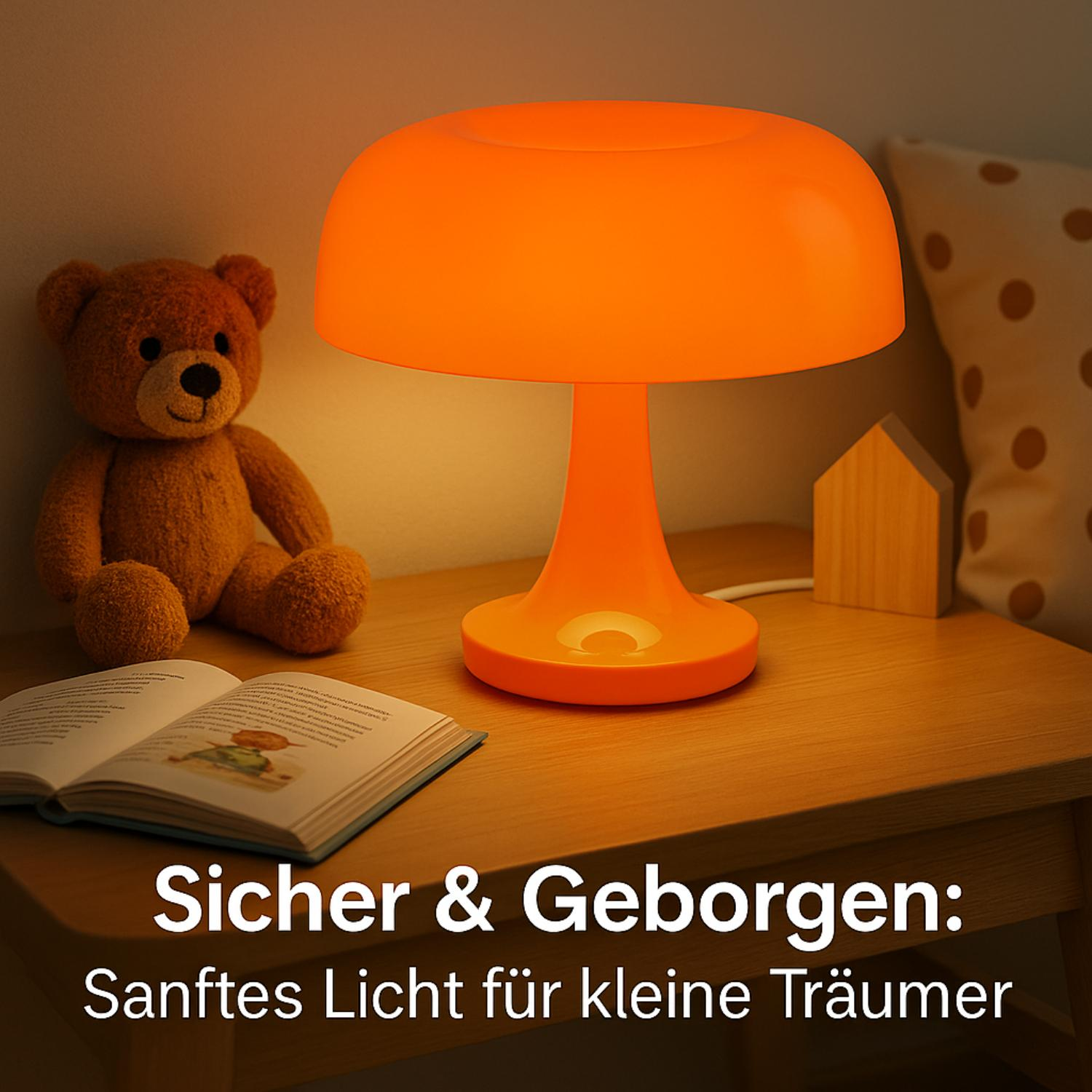 Orangefarbene pilzförmige Lampe auf einem Holztisch neben einem Teddybären.