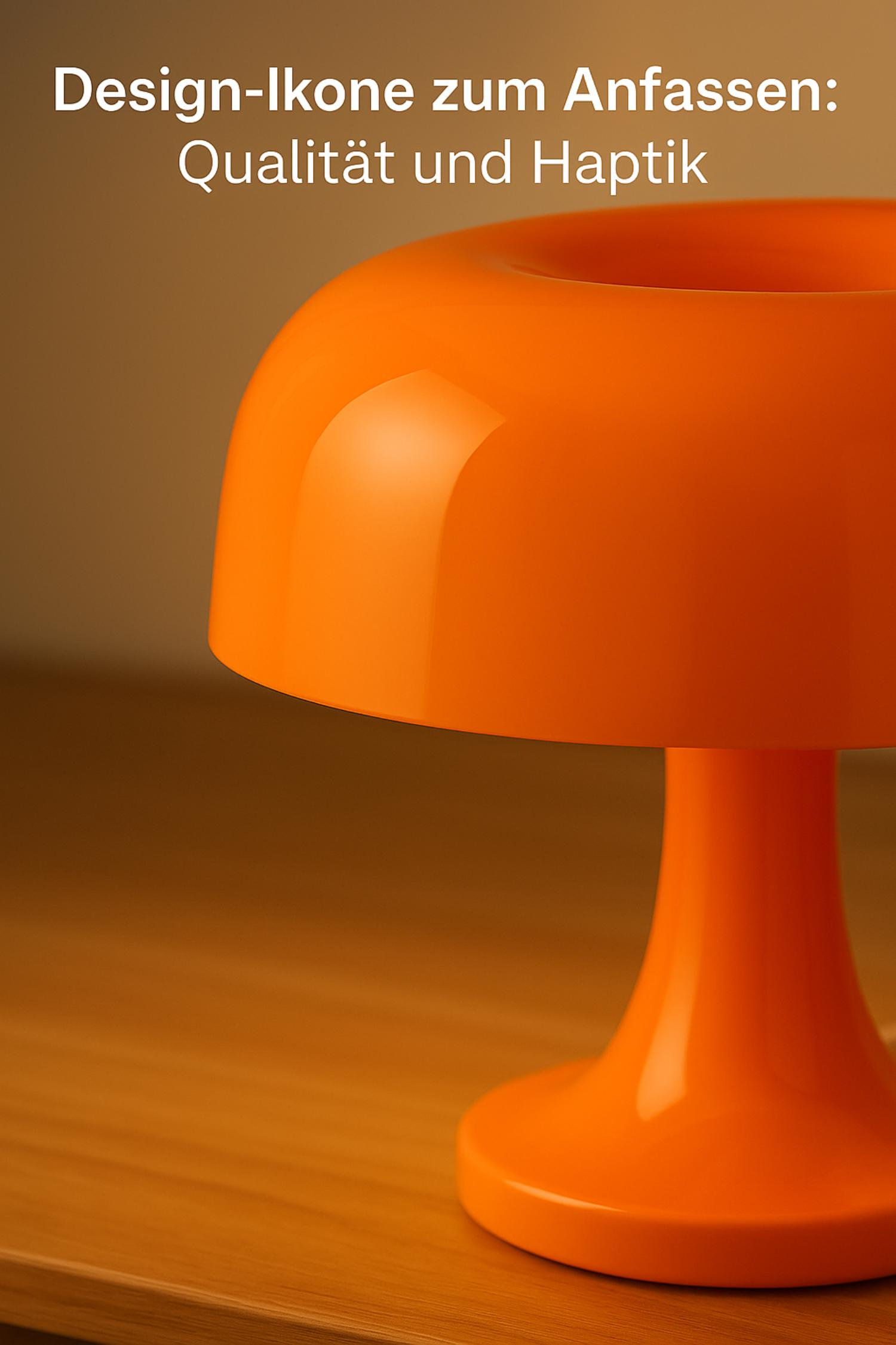 Orangefarbene pilzförmige Lampe auf einer Holzoberfläche, mit deutschem Text darüber.
