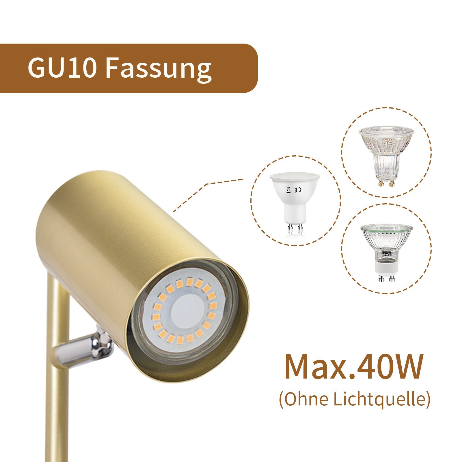Złota lampa z oprawą GU10 i trzema próbkami żarówek. Tekst brzmi Max.40W.