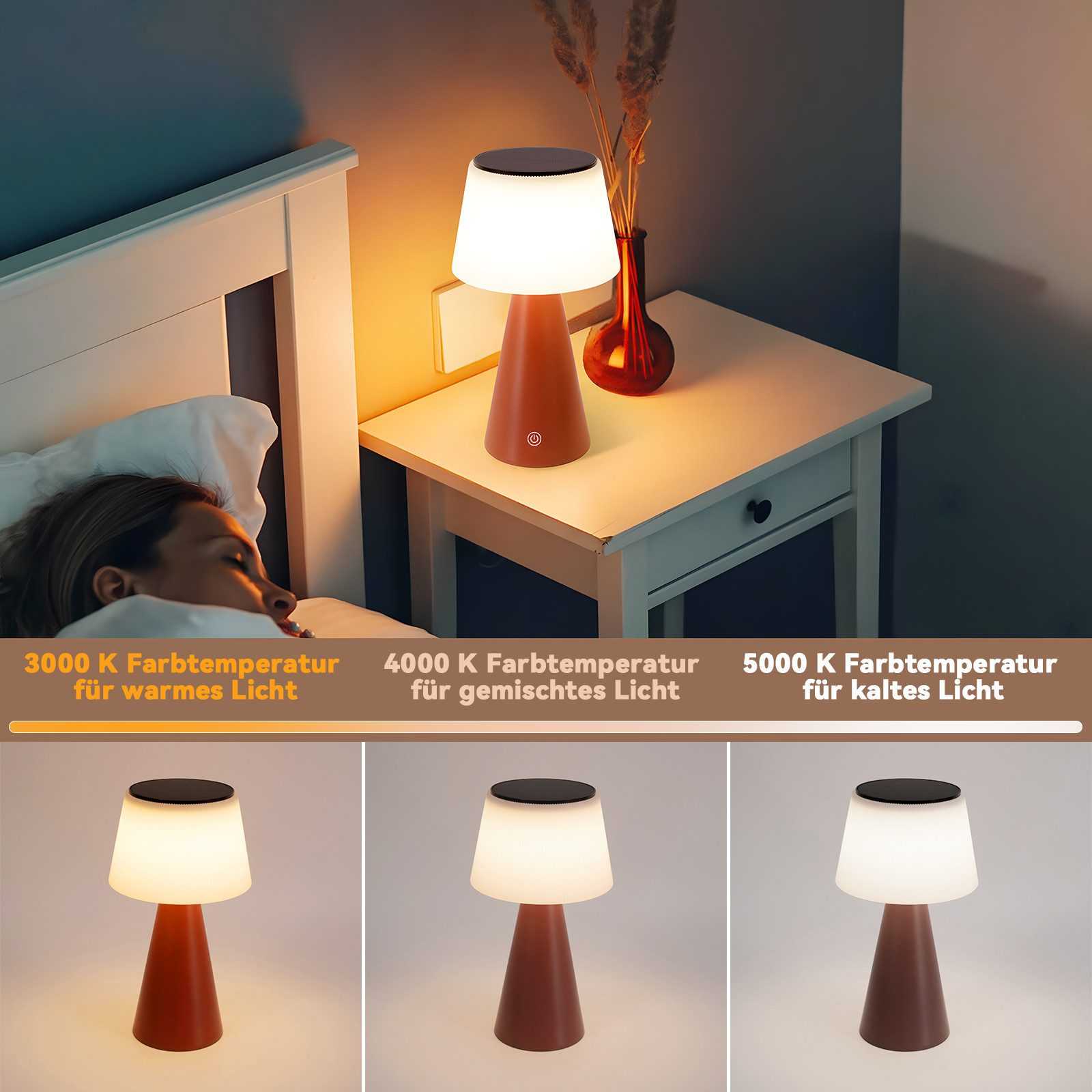 Lampa nocna z trzema temperaturami barwowymi: ciepłą (3000K), mieszaną (4000K) i zimną (5000K). Osoba śpi.