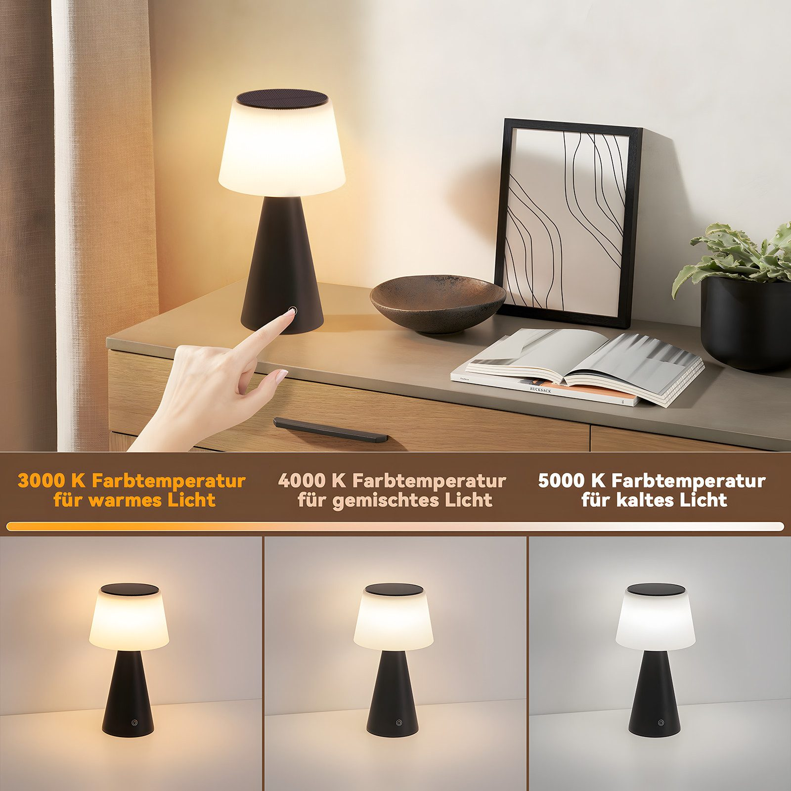 Lampa stołowa z trzema różnymi ustawieniami światła: ciepłym, mieszanym i zimnym.