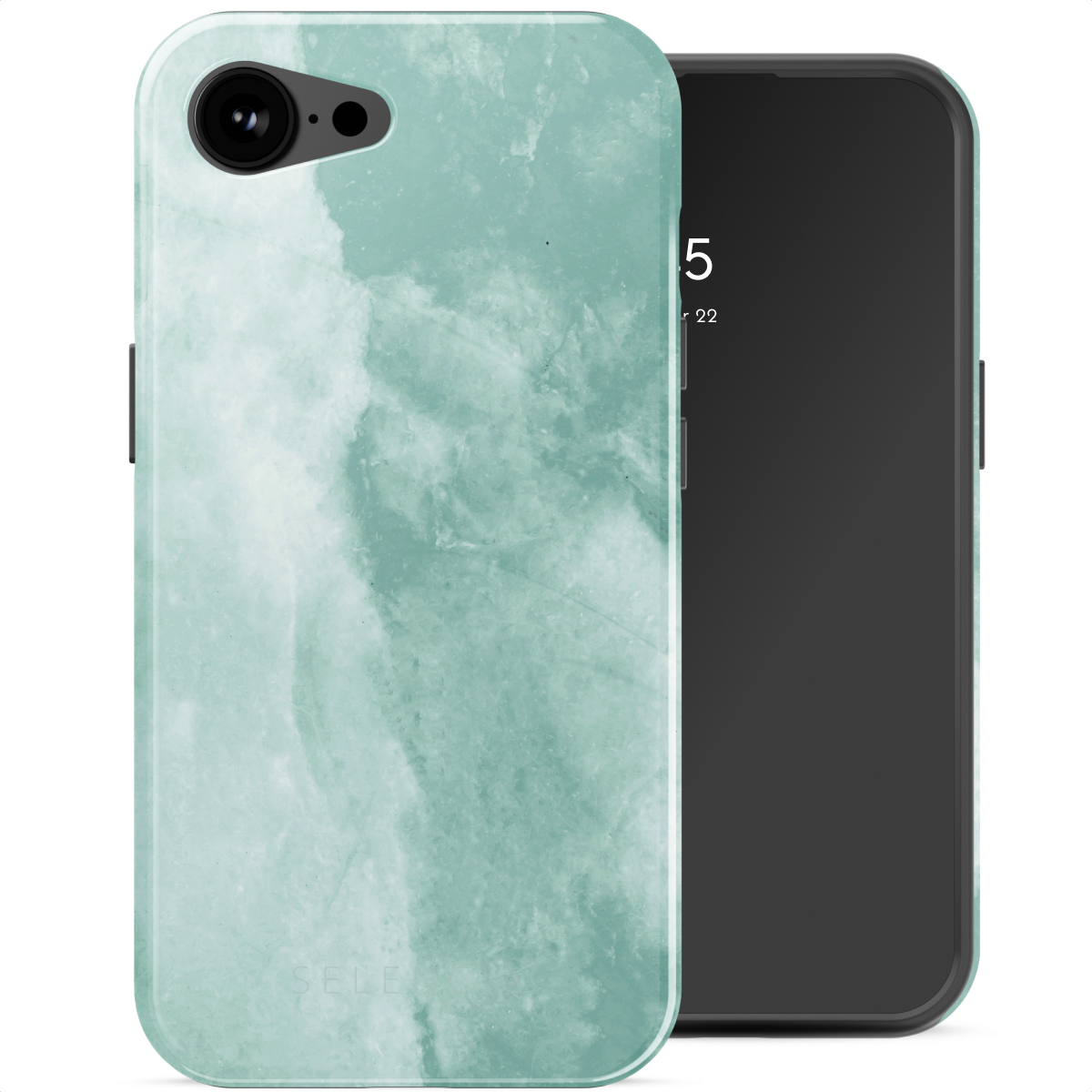Een telefoon en een hoesje met een marmerontwerp. De telefoon staat aan de linkerkant.