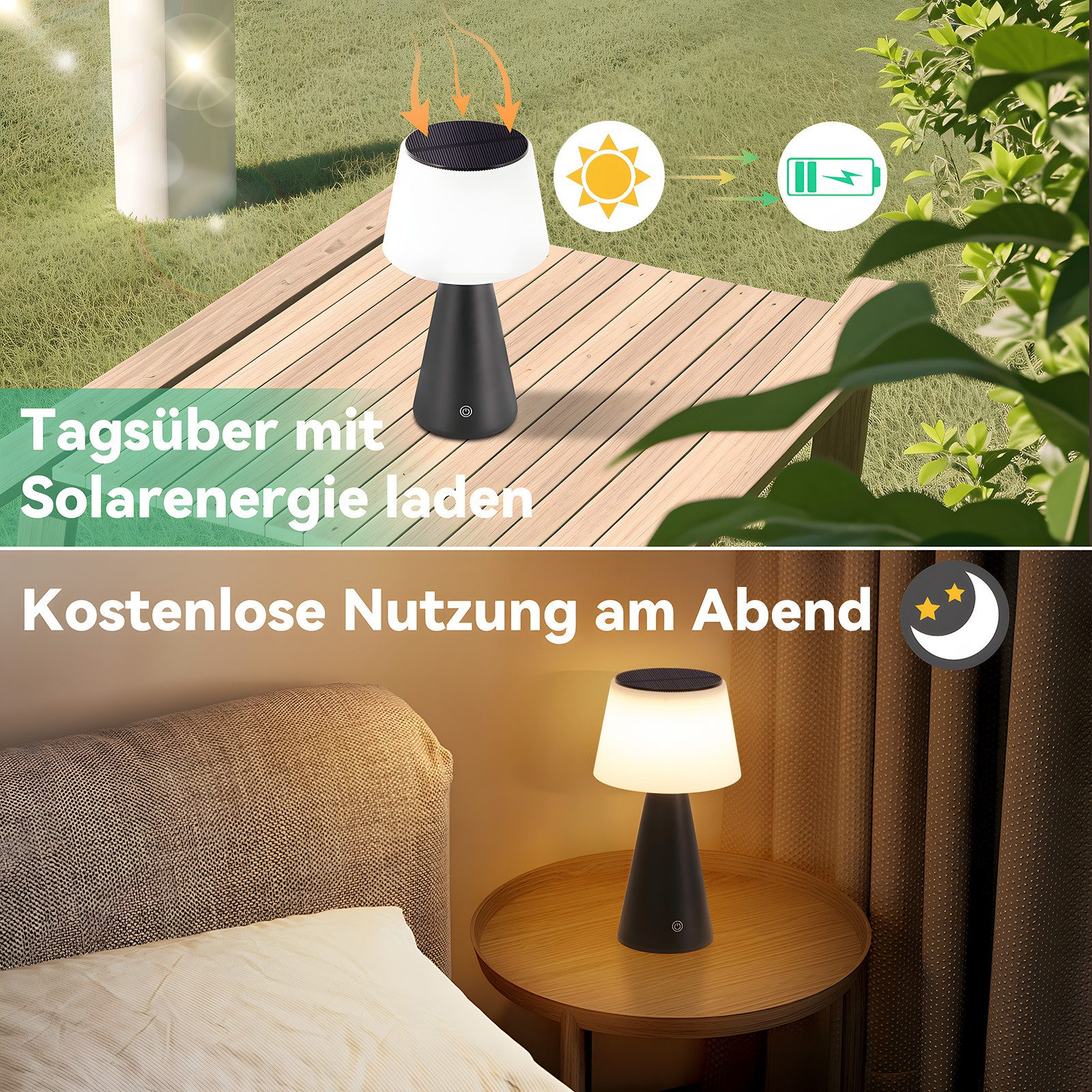 Czarno-biała lampa solarna na drewnianym stole i stoliku nocnym. Tekst po niemiecku.