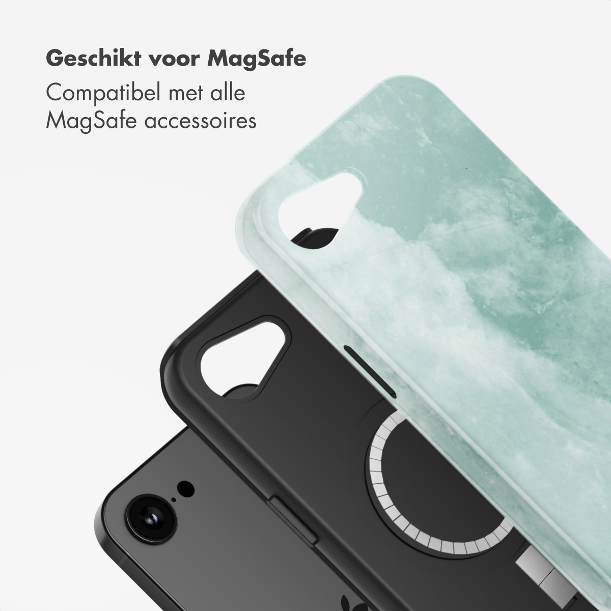 Een telefoonhoesje op een telefoon, met een marmerontwerp. De hoes is open.