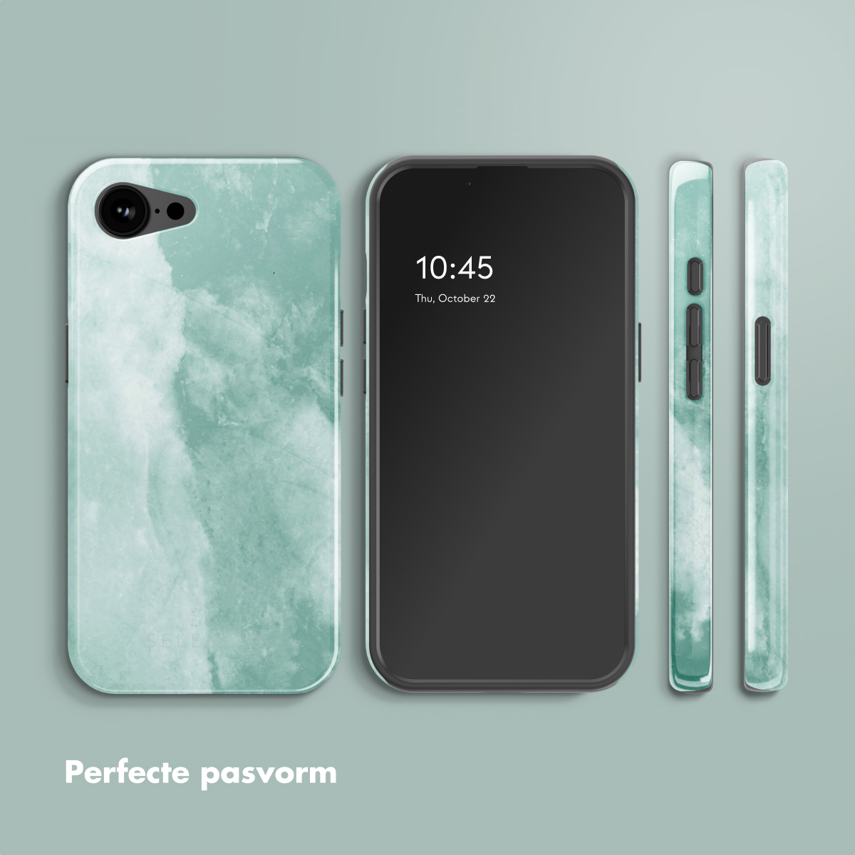 Een telefoon met een lichtgroene marmeren telefoonhoes en twee extra hoesjes naast de telefoon.