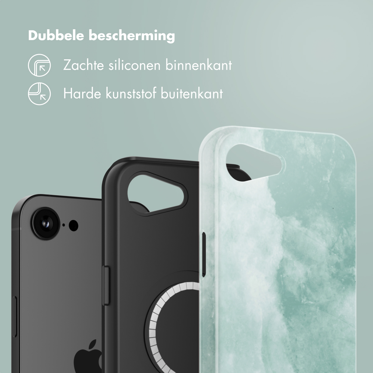 Close-up van telefoonhoesjes. Zwart en groen marmerontwerp, met de beschermingsfuncties van de telefoon.