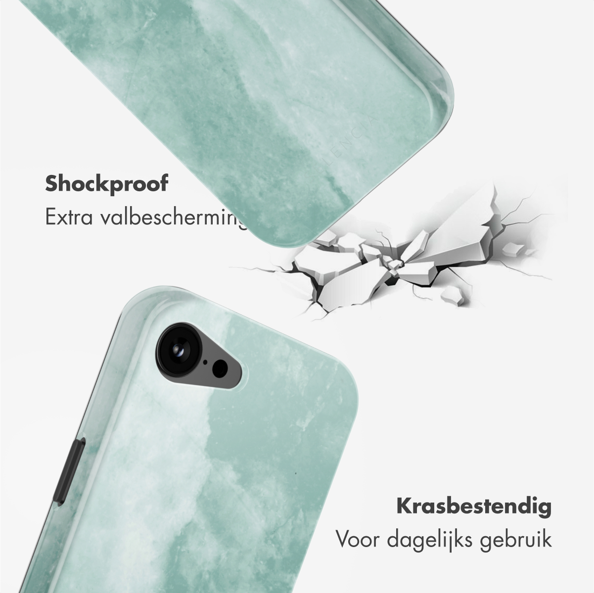 Groene marmeren telefoonhoes met een gebarsten schermeffect, die de schokbestendigheid en krasbestendigheid benadrukt.