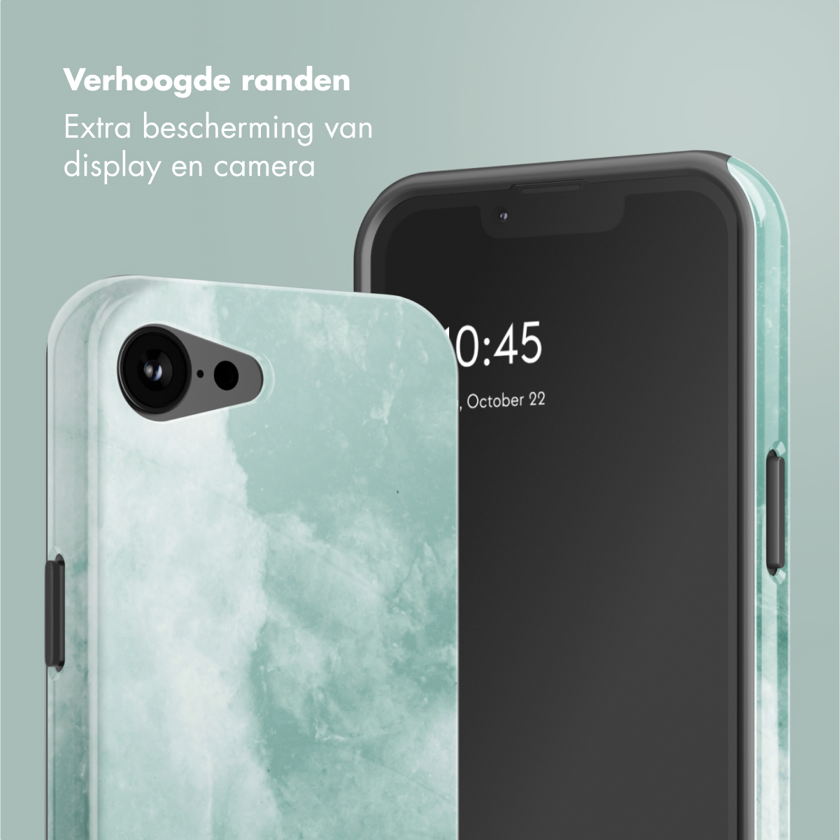 Twee telefoons, één in een hoesje, die de tijd tonen.