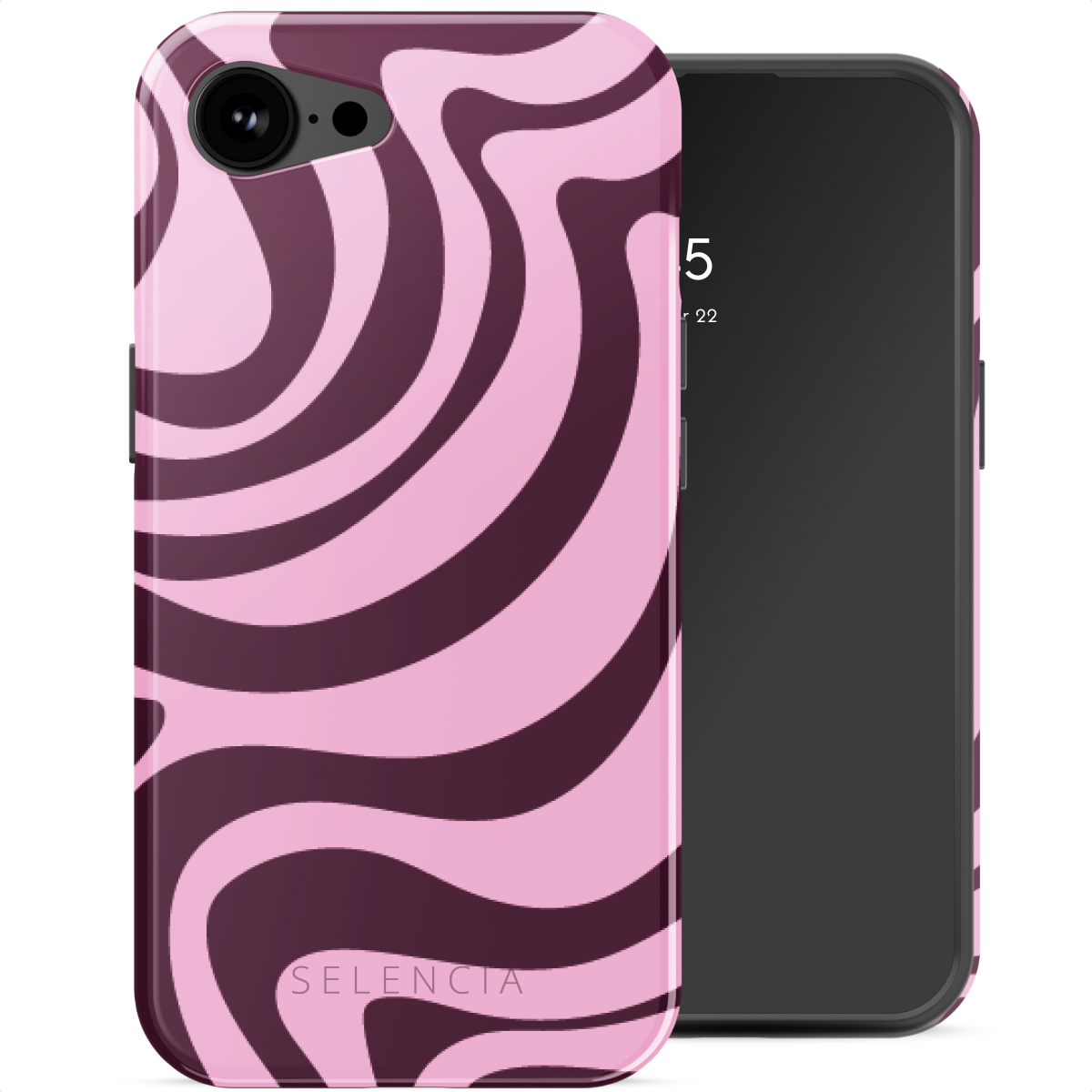 Coque de téléphone avec des tourbillons roses et marrons. Téléphone à droite. Coque noire. Fond blanc.