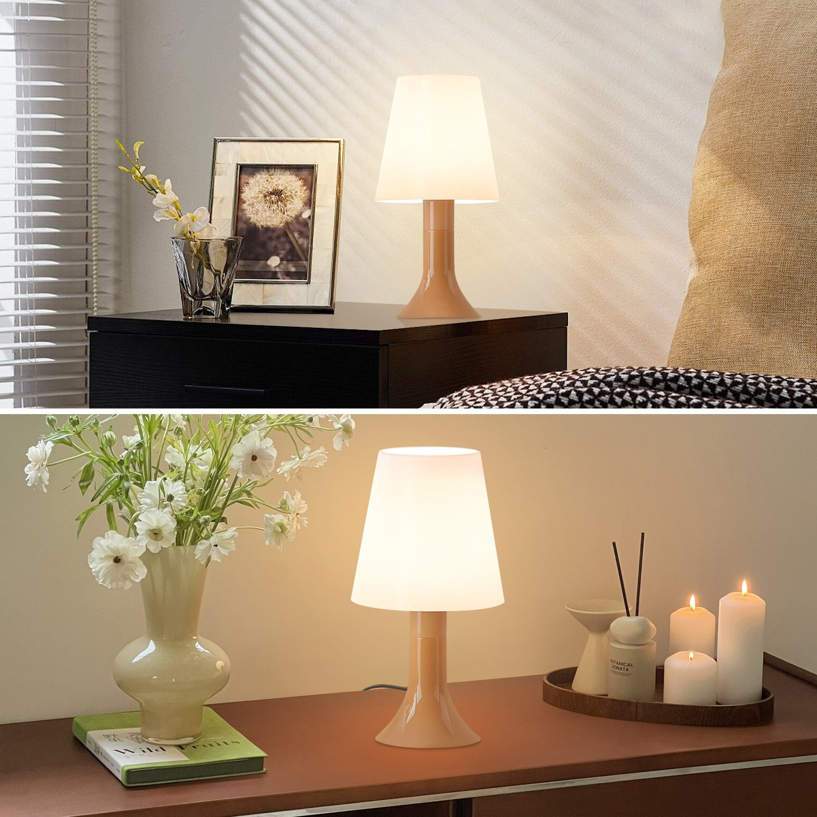 Lampa stołowa z beżową podstawą i białym kloszem na stoliku nocnym. Dwa ustawienia, różne tła.