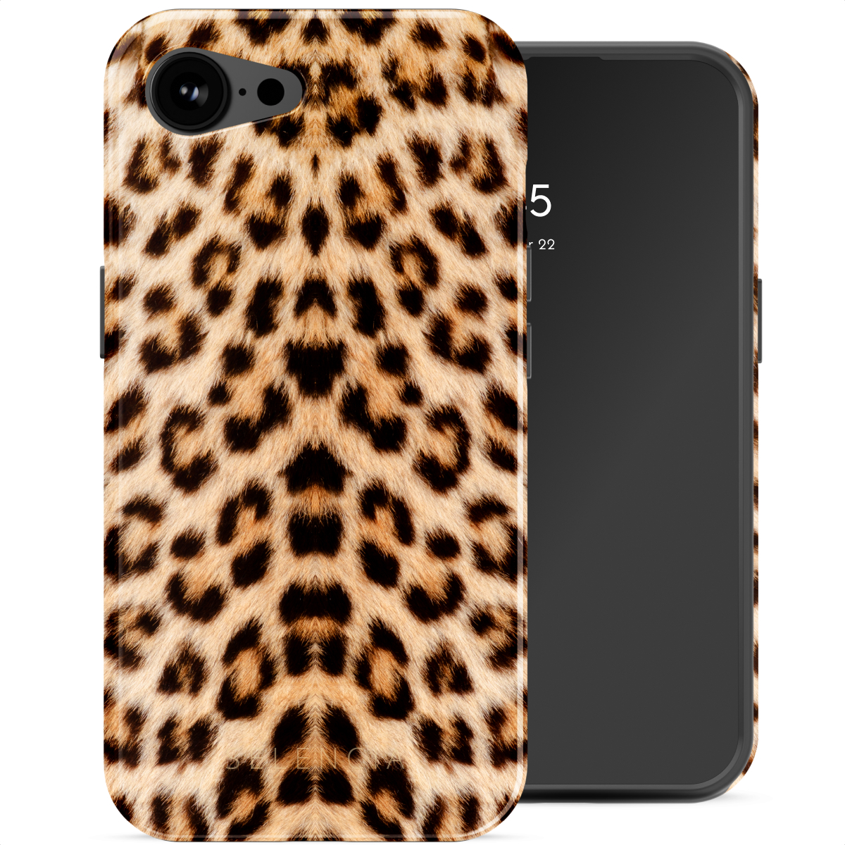 Telefoonhoesje met luipaardprint. Telefoon rechts. Zwarte telefoonhoes. Witte achtergrond.