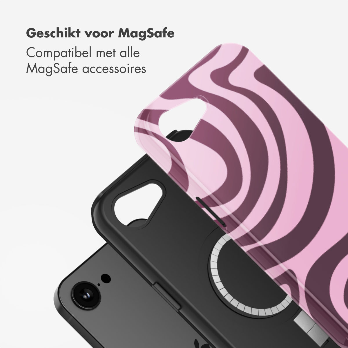 Coque de téléphone à tourbillons roses et marrons. Téléphone noir. Fond blanc.