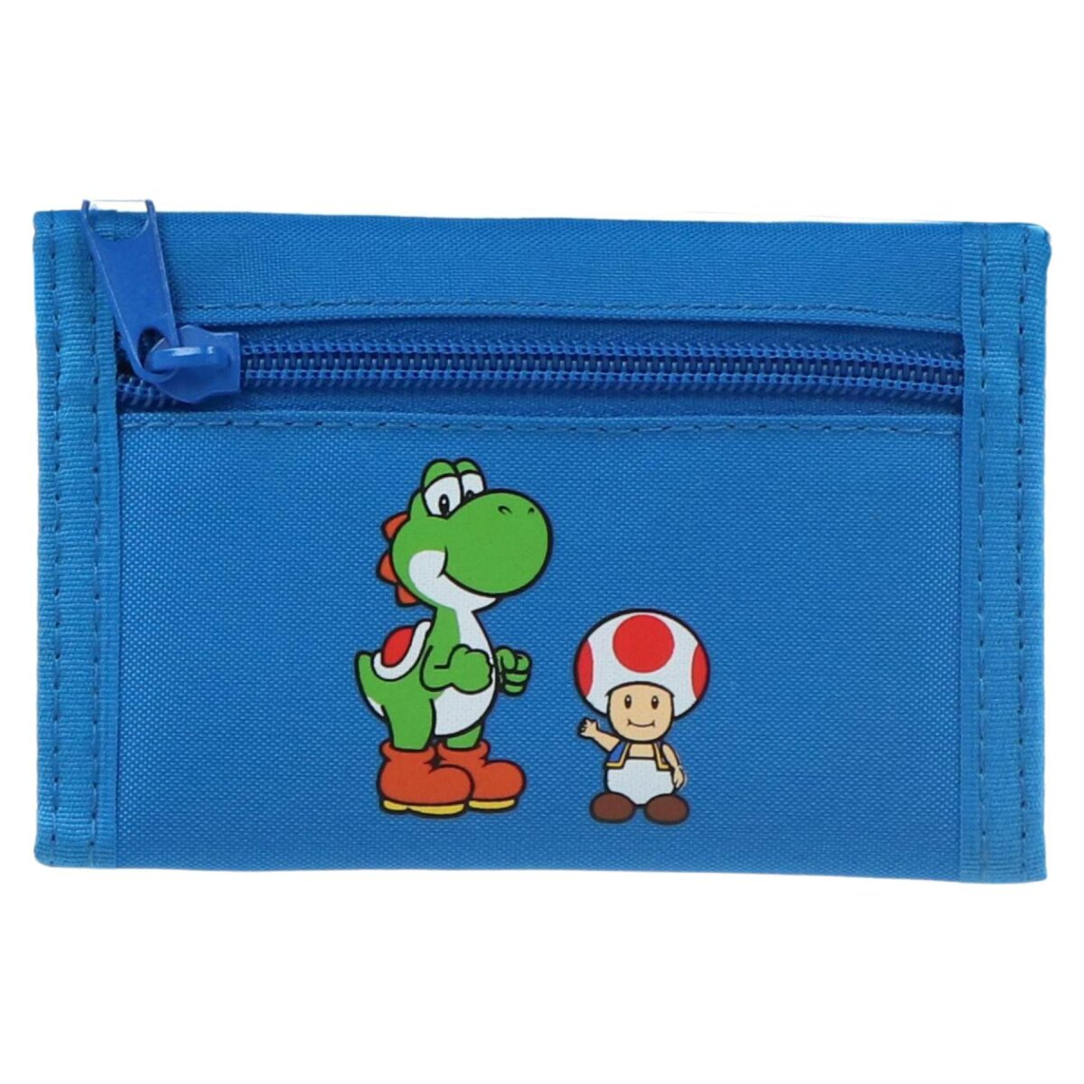 Een blauwe portemonnee met een rits, met de stripfiguren Yoshi en Toad.