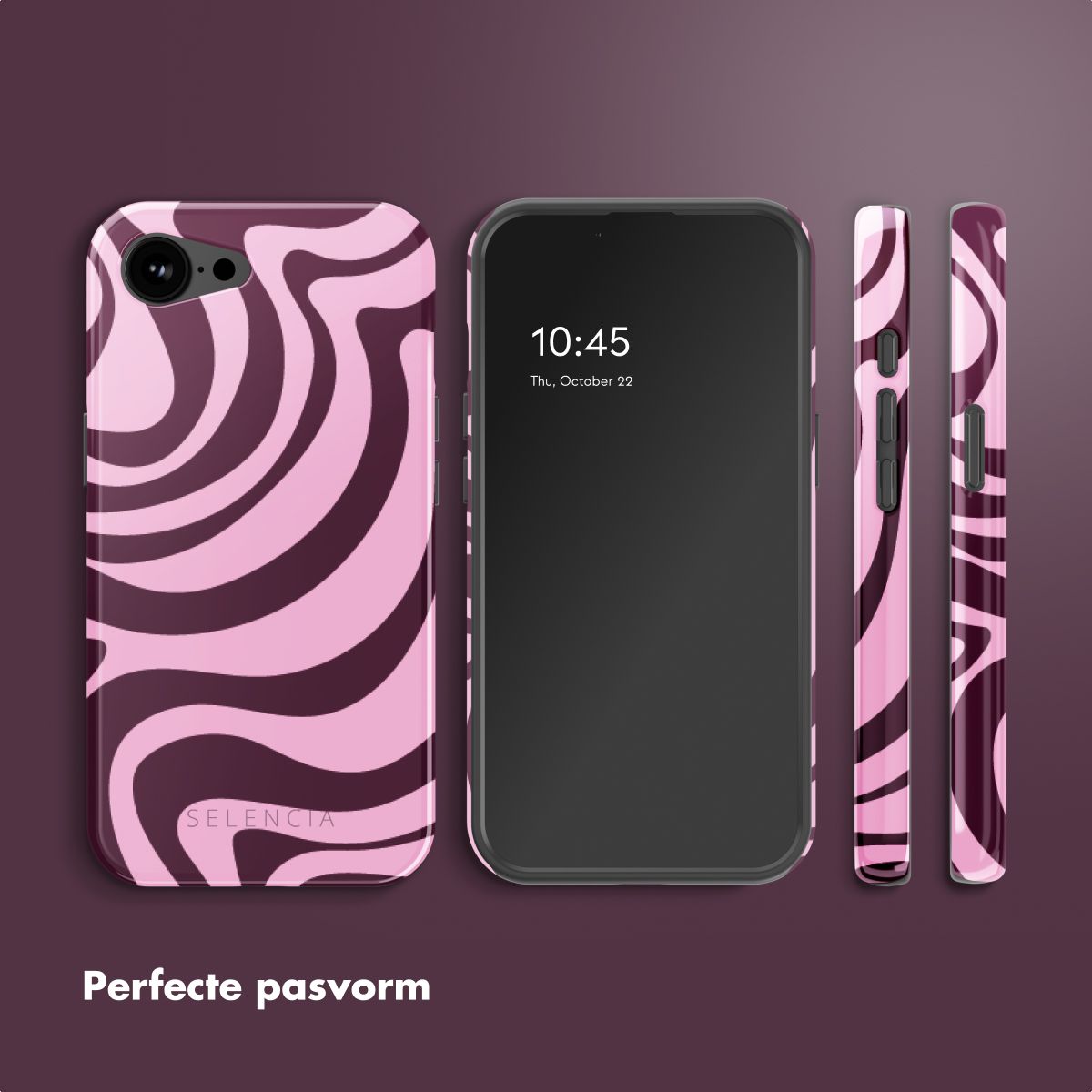 Téléphone et coques avec des tourbillons roses et marrons. Fond blanc.