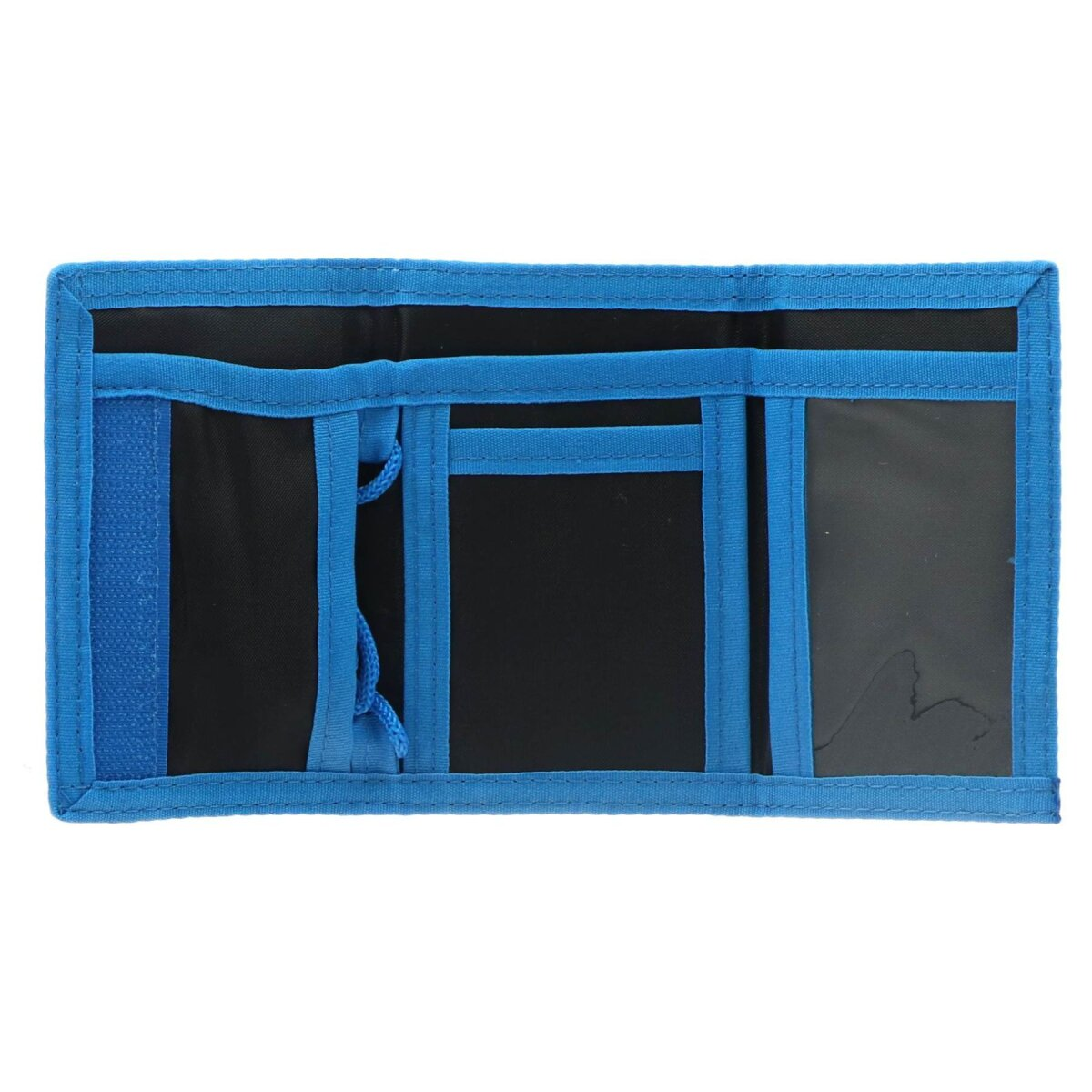 Blauwe drievoudige portemonnee met zwart interieur. Open vakken en een doorzichtig ID-venster.