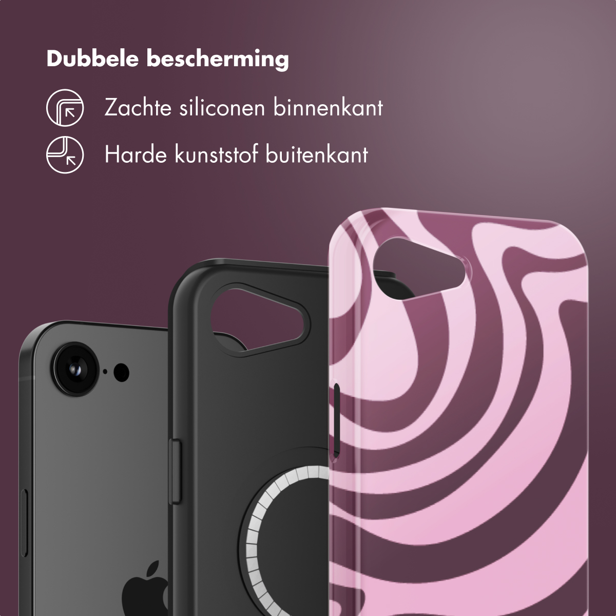 Trois coques de téléphone : noire, noire avec cercle blanc et motif tourbillon rose. Texte : Double protection.