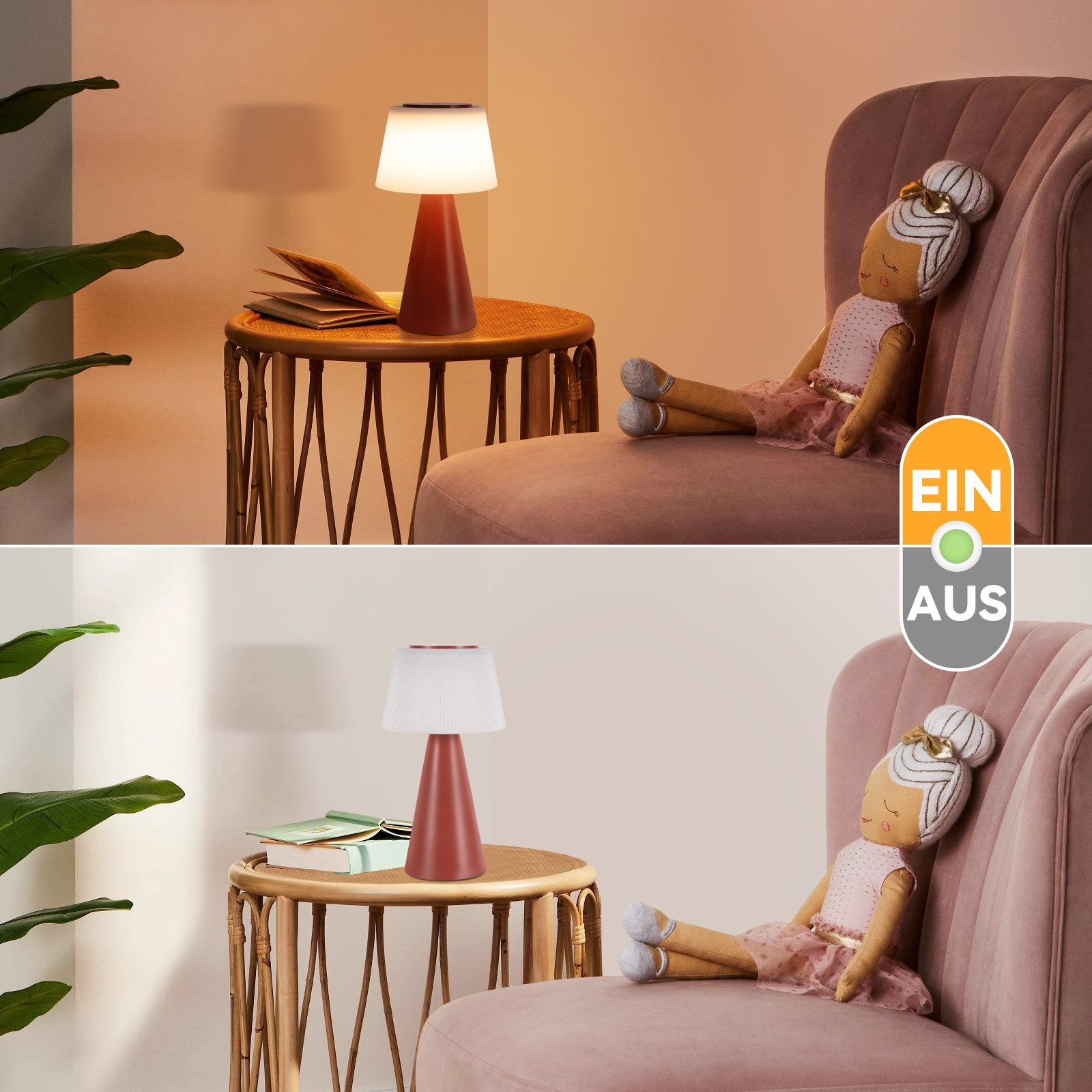 Dwa obrazy: lampa włączona i wyłączona. Lampa ma biały klosz i czerwoną podstawę. Widoczna jest lalka i stół.