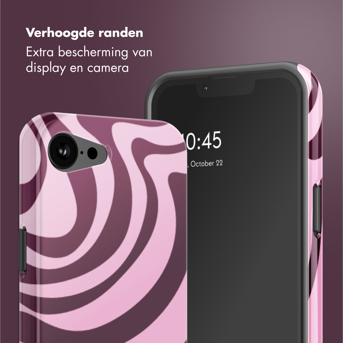 Téléphone et coque avec motif tourbillon rose. Texte : Bords surélevés. Protection supplémentaire de l'écran et de l'appareil photo.