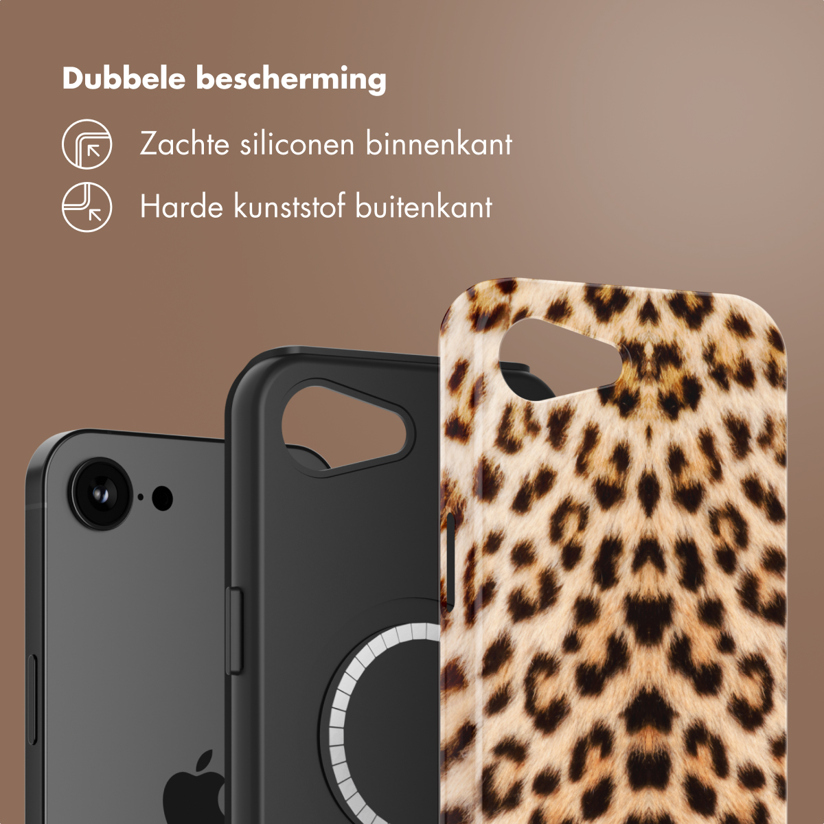 Drie telefoonhoesjes: zwart, zwart met een witte cirkel en luipaardprint. Tekst: Dubbele bescherming.