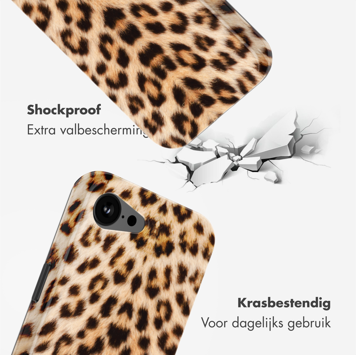 Telefoonhoesje met luipaardprint. Schokbestendig en krasbestendig. De hoes is gebroken afgebeeld.