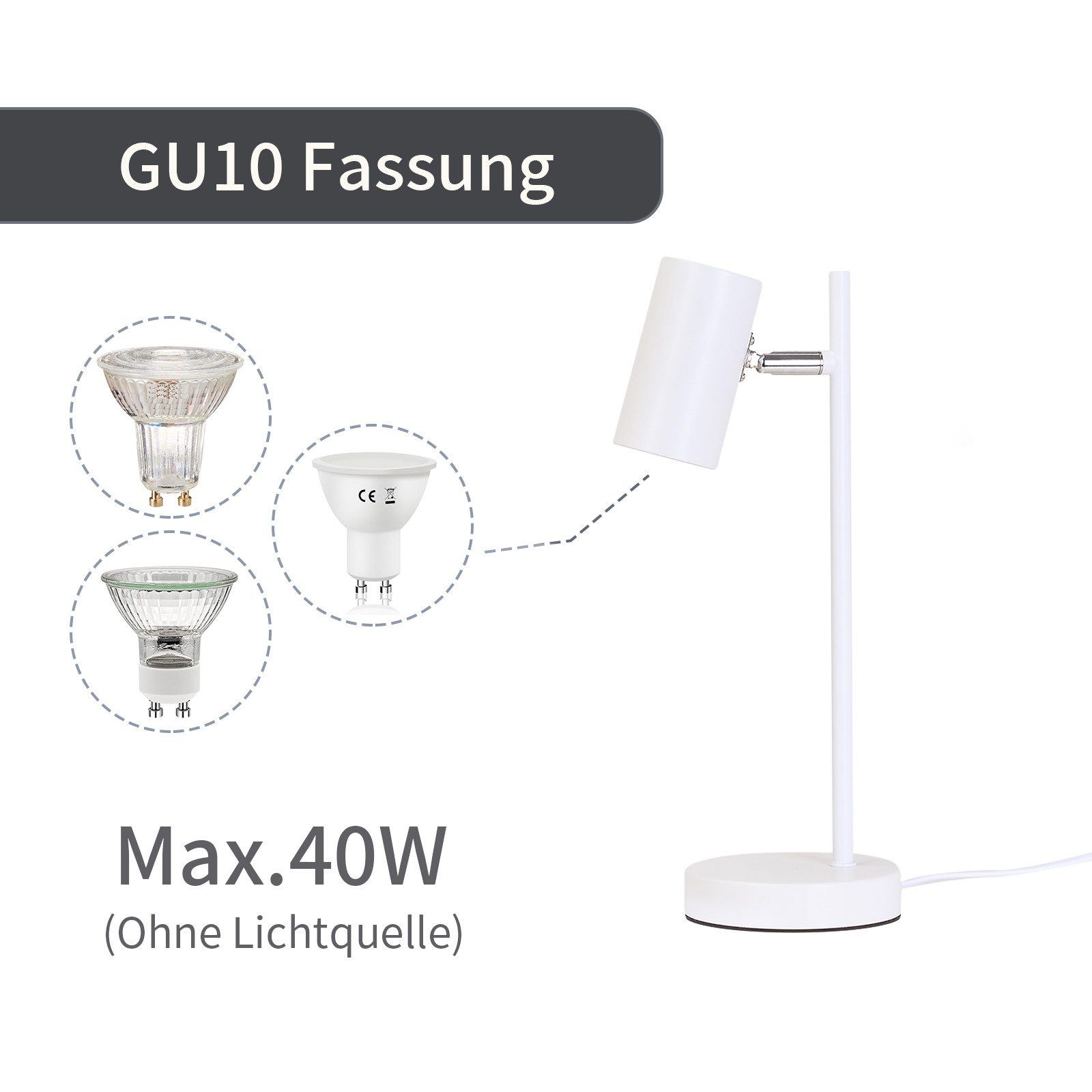 Biała lampa biurkowa z cylindrycznym kloszem i opcjami różnych żarówek. Max. 40W.