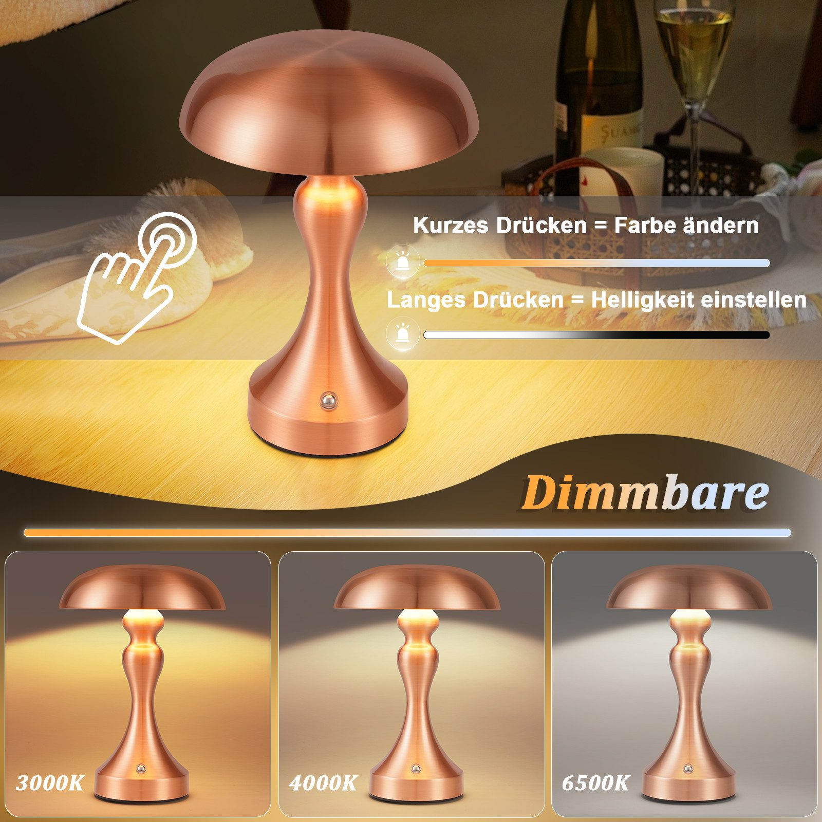 Miedziana lampa stołowa z regulacją jasności na drewnianej powierzchni.