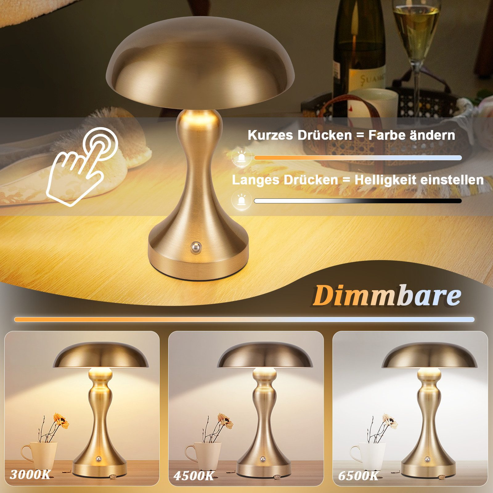 Złota lampa w kształcie grzyba. Poniżej pokazano sterowanie dotykowe kolorem i jasnością.
