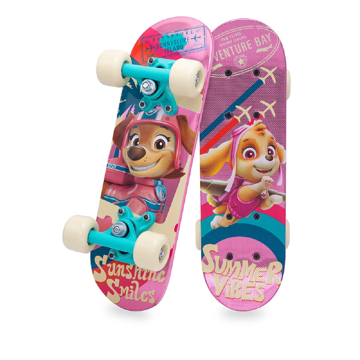 Zwei Skateboards mit Hundecharakteren. Eines zeigt einen Hund mit Helm, das andere einen Hund mit Schleife.