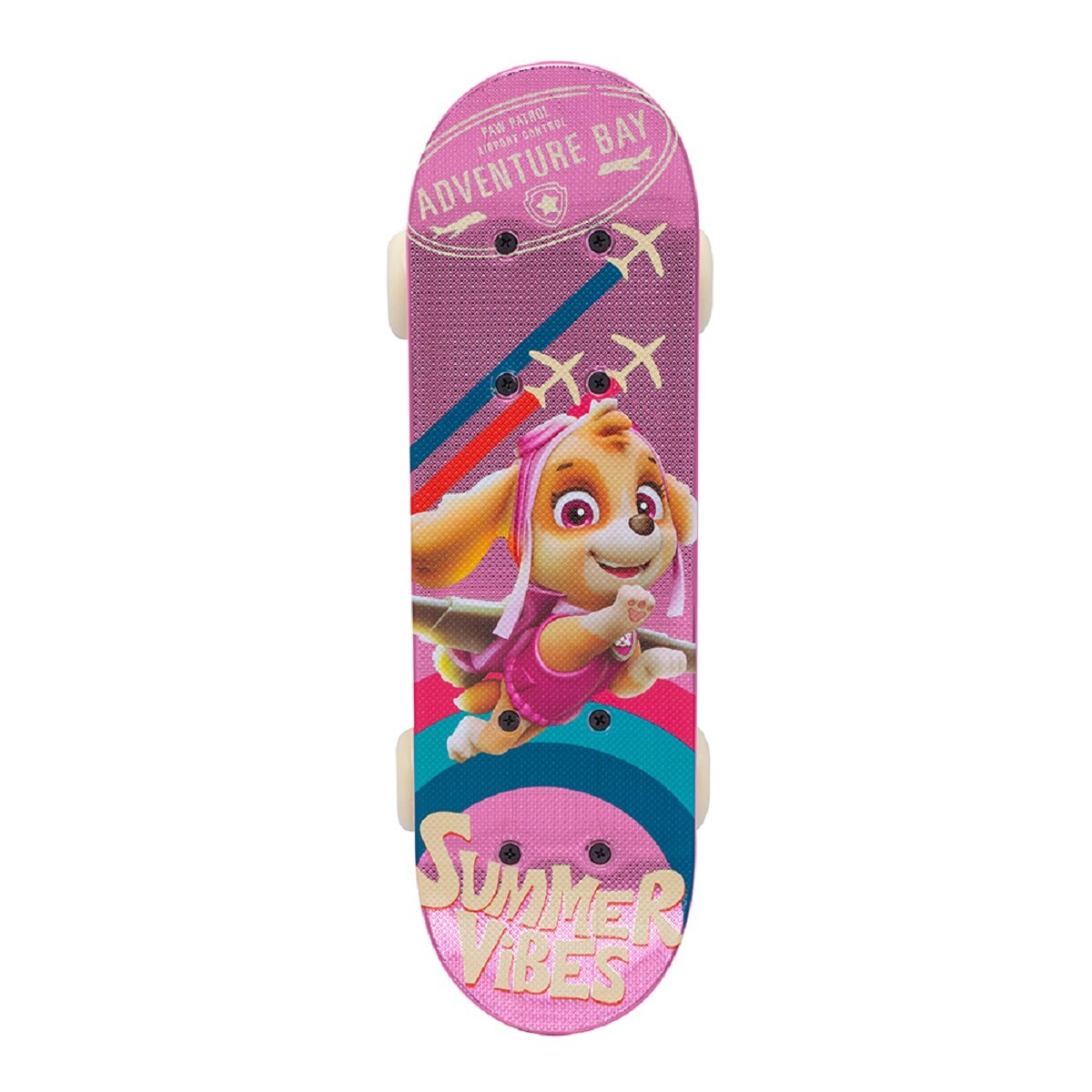 Rosa Paw Patrol Skateboard mit Skye-Grafik und Summer Vibes-Text.