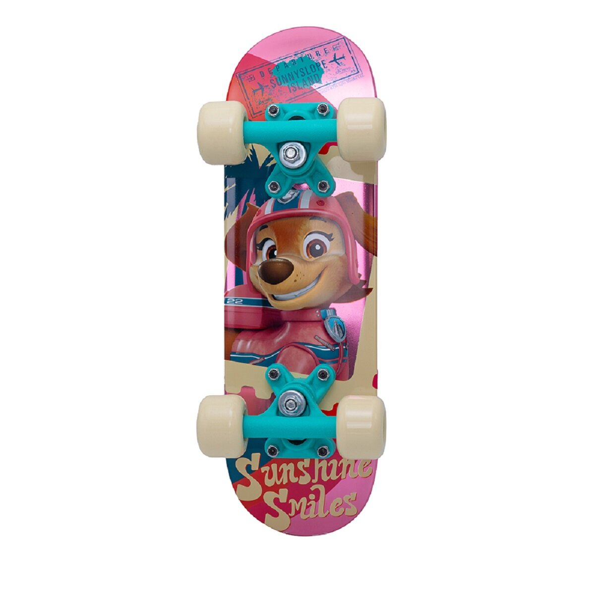 Ein Skateboard mit einem Hundecharakter mit Helm. Pinke und blaue Farben.