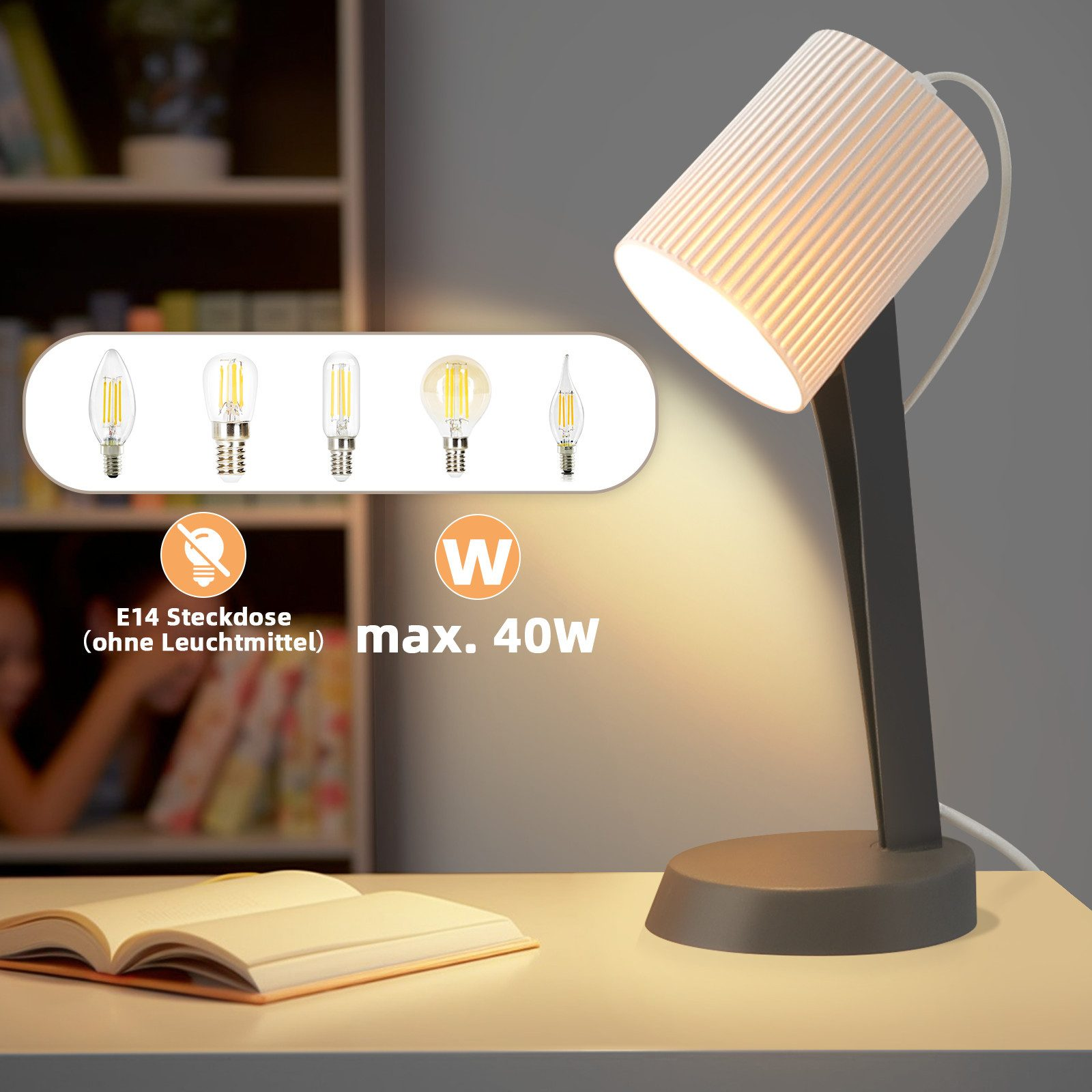 Nowoczesna lampa stołowa z ukośną głowicą, cylindrycznym kloszem i kilkoma żarówkami obok.