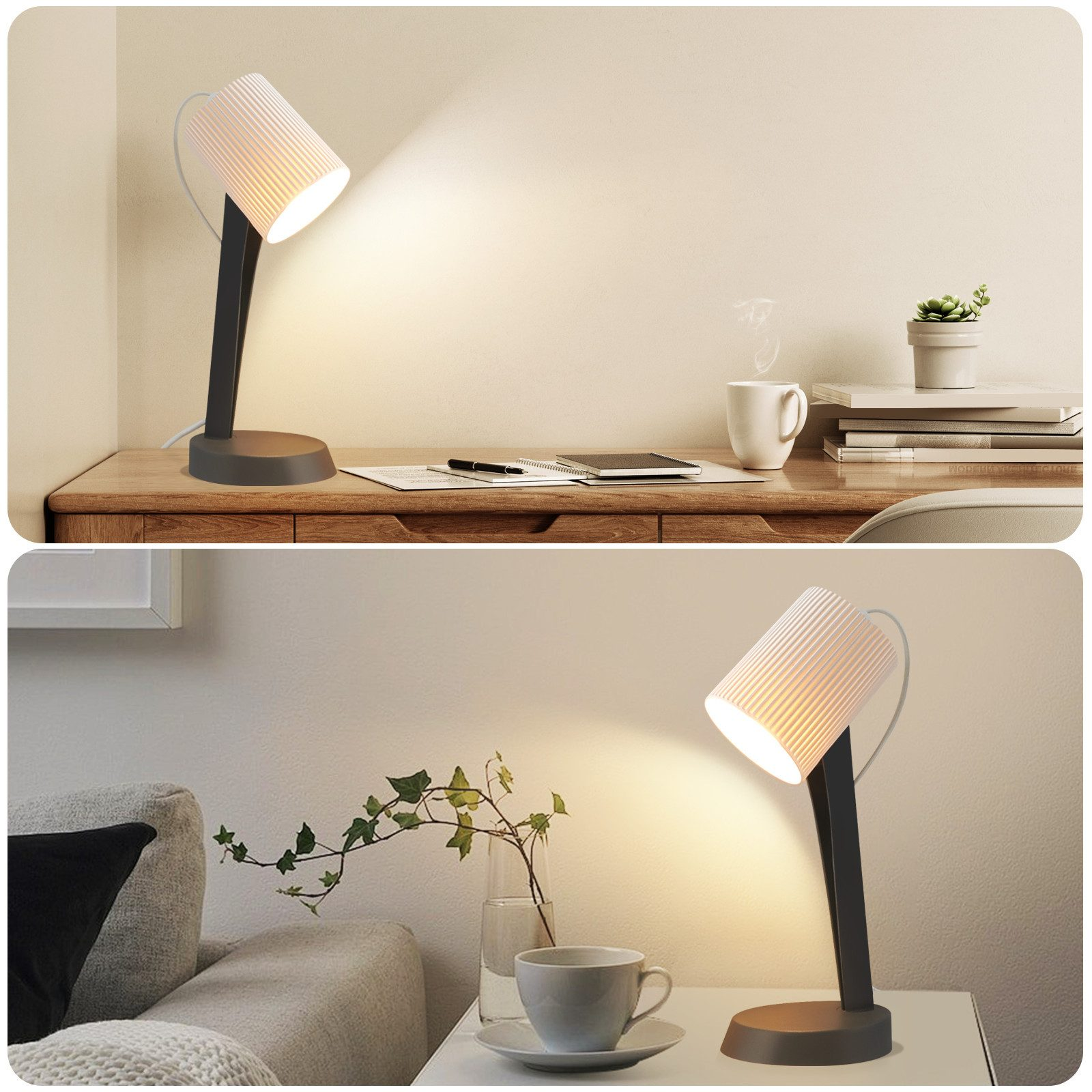 Dwa obrazy lampy biurkowej. Górny jest na biurku z książką i innymi rzeczami.