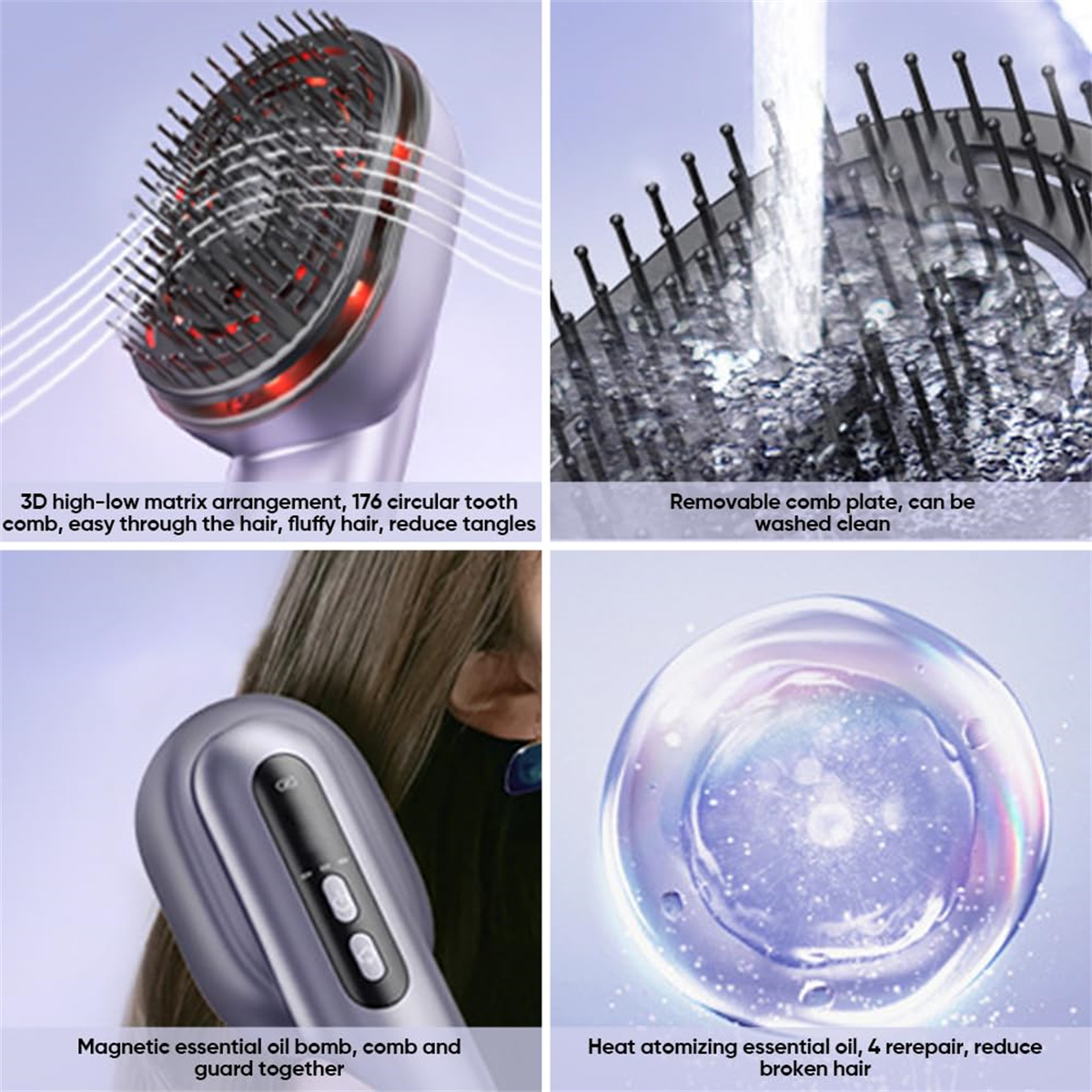 Vier Bilder eines Haarmassagegeräts, die sich auf den Kamm und die Ölanwendung konzentrieren.