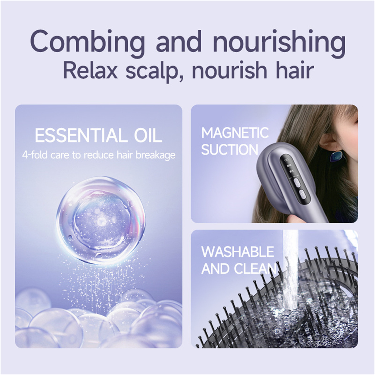 Das Bild zeigt ein Haarpflegeprodukt, mit einer Nahaufnahme von Öl, einem Kamm und einer Haarbürste.