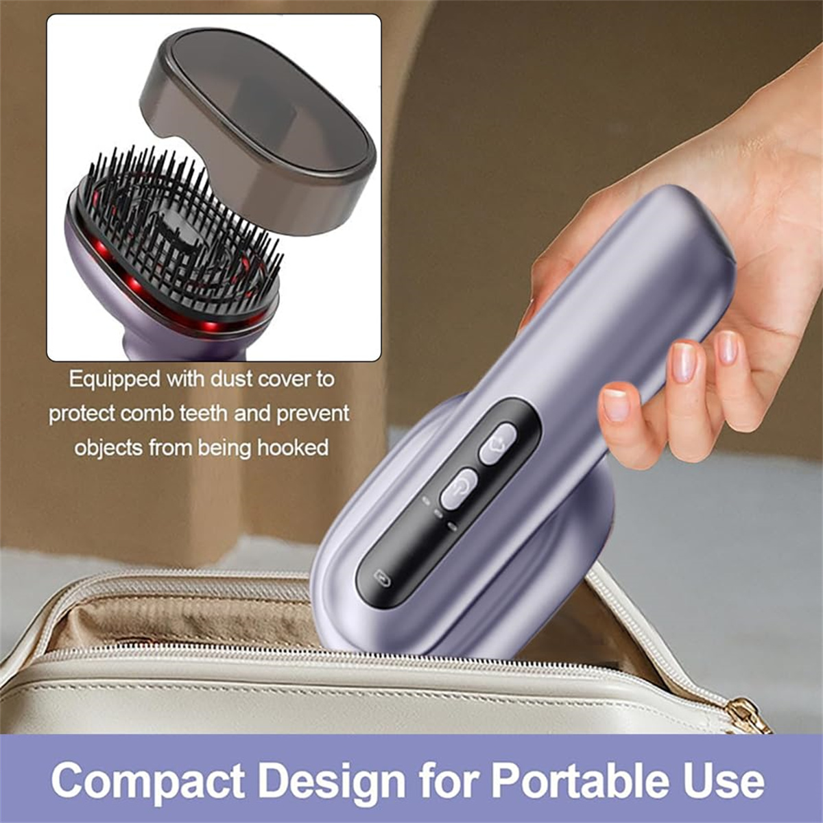Eine handliche Haarbürste mit Staubschutz, präsentiert mit kompaktem Design für den mobilen Einsatz.