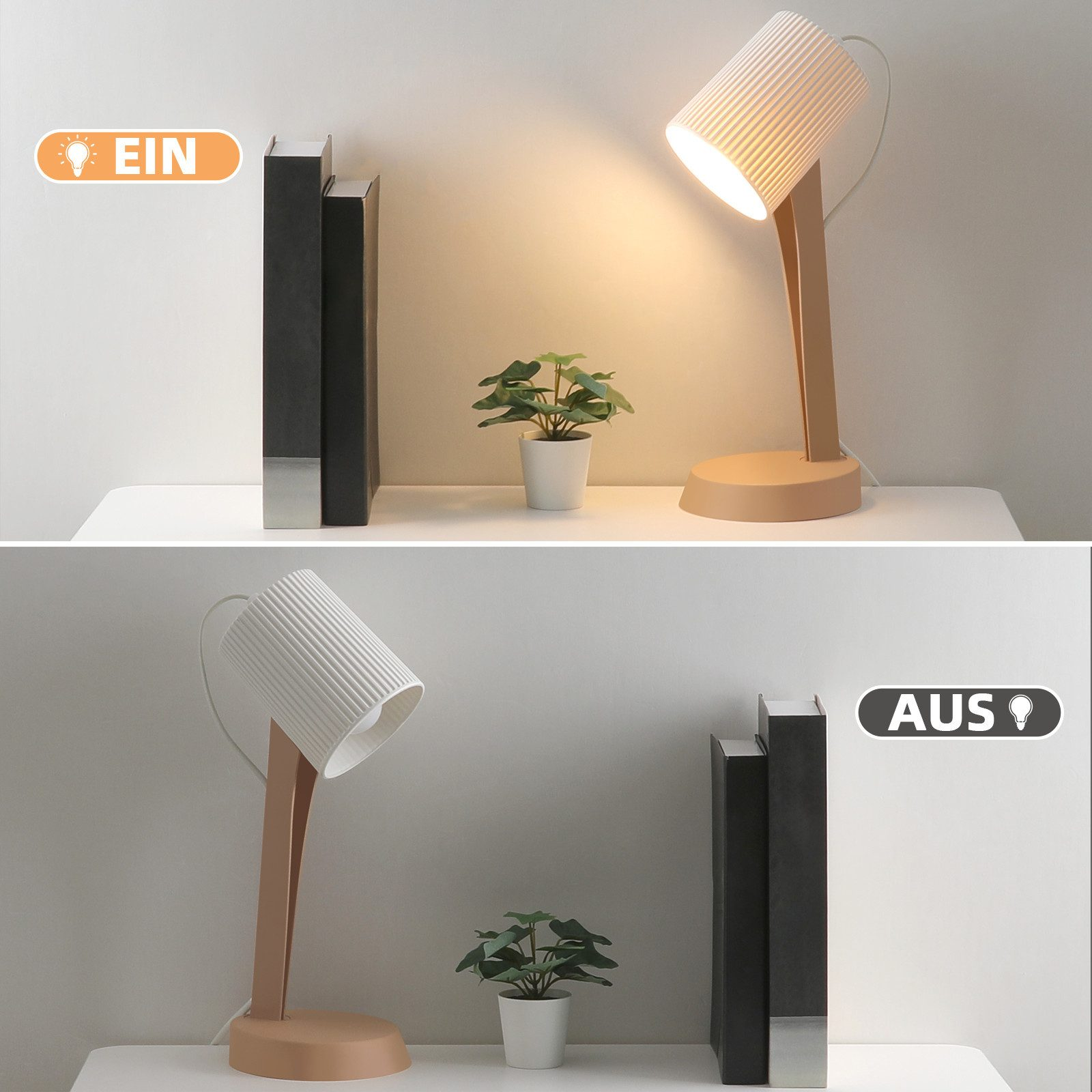 Dwa obrazy przedstawiają lampę biurkową włączoną i wyłączoną, z czarnymi książkami, rośliną i białą powierzchnią.