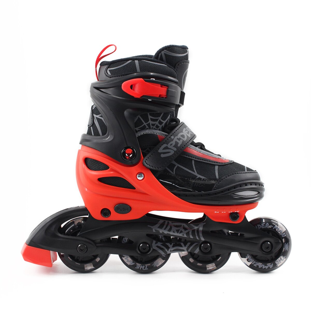 Rote und schwarze Spider-Man Inline-Skates auf weißem Hintergrund, mit roter Lasche.