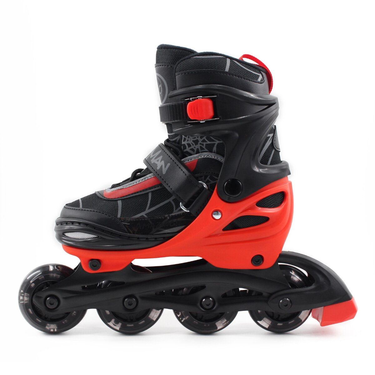 Rote und schwarze Rollschuhe mit Spider-Man-Logo, isoliert auf weißem Hintergrund, Seitenansicht.