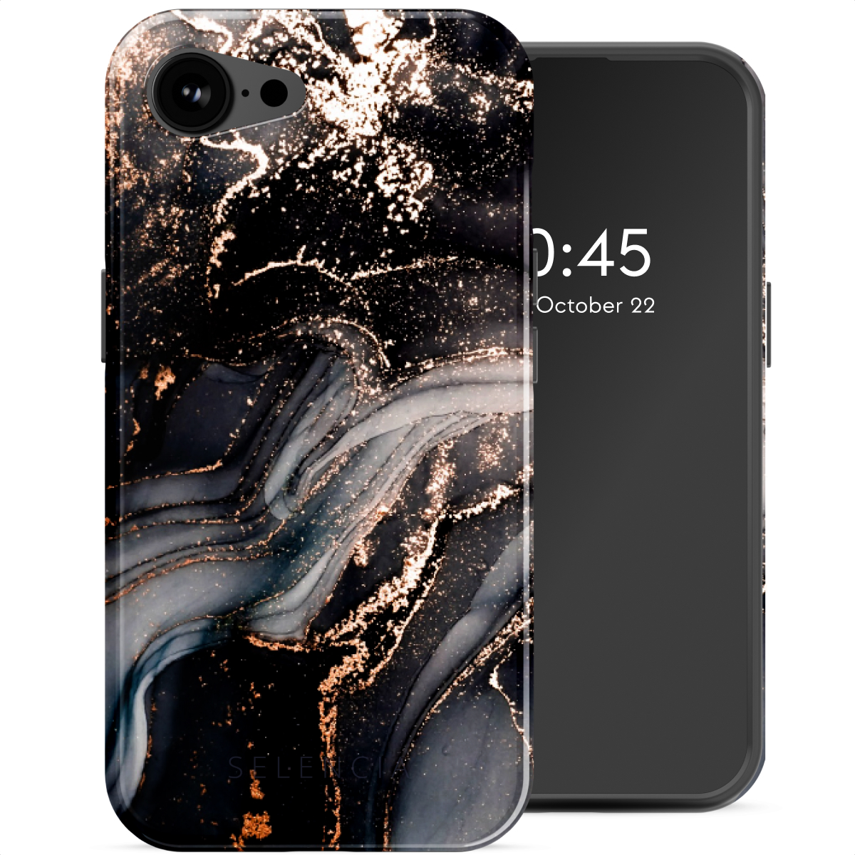 Coque de téléphone avec design abstrait noir, or et blanc. Téléphone affiche 10:45, 22 octobre.