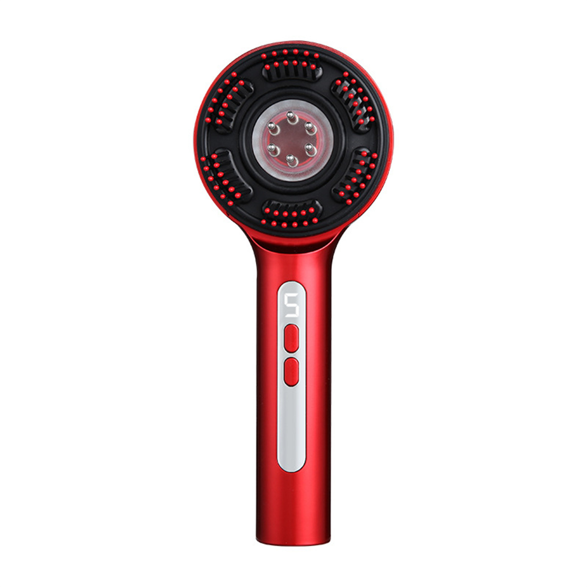 Ein rotes Haargerät mit rundem Kopf und rotem Griff. Es hat eine digitale Anzeige und einen weißen Streifen.