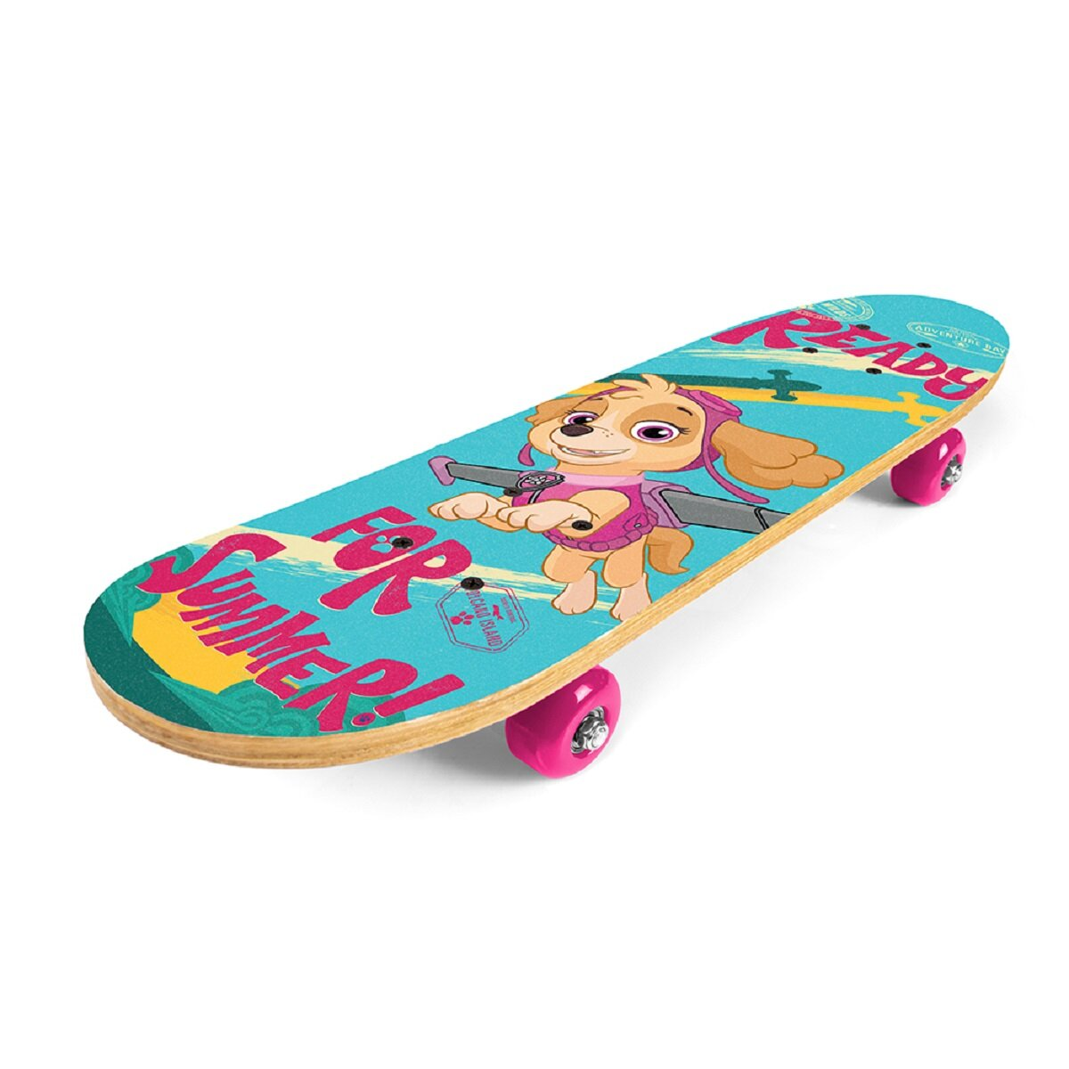 Ein Paw Patrol Skateboard mit Skye darauf, vor weißem Hintergrund.