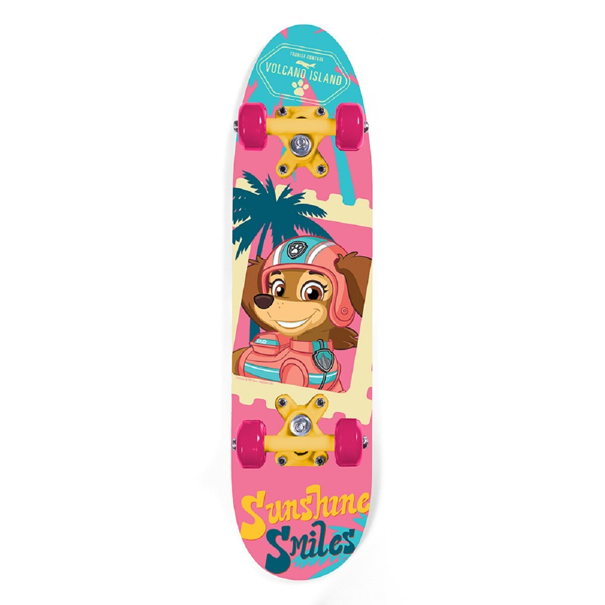 Ein Paw Patrol Skateboard mit Skye darauf, vor weißem Hintergrund.