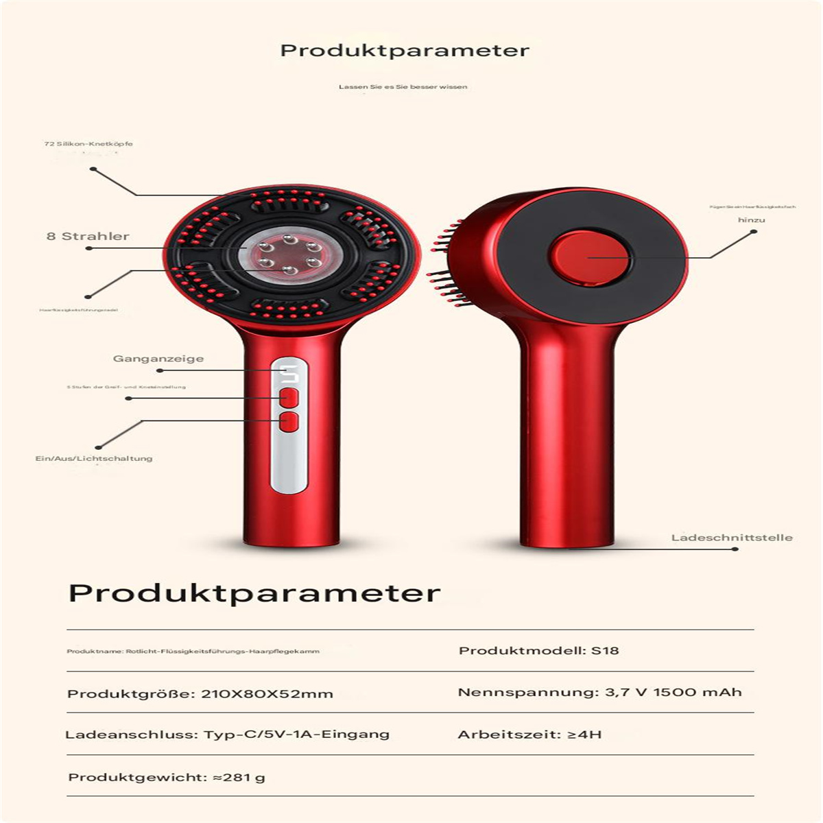 Rote Haarbürste mit schwarzen Borsten und rotem Griff, Produktdetailtabelle.