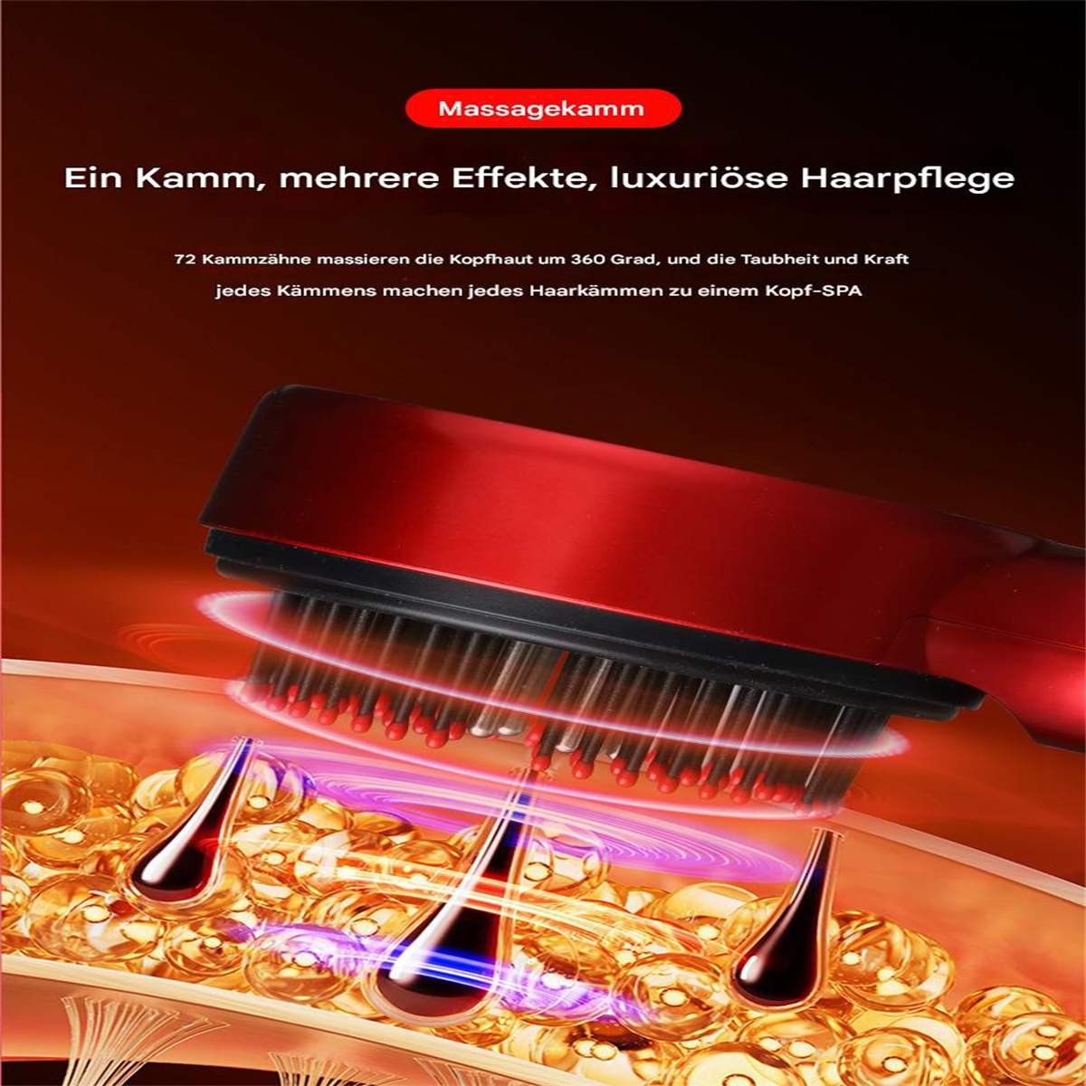 Ein rotes Haarmassagegerät mit schwarzen Borsten und Massageöleffekt, auf weißem Grund.