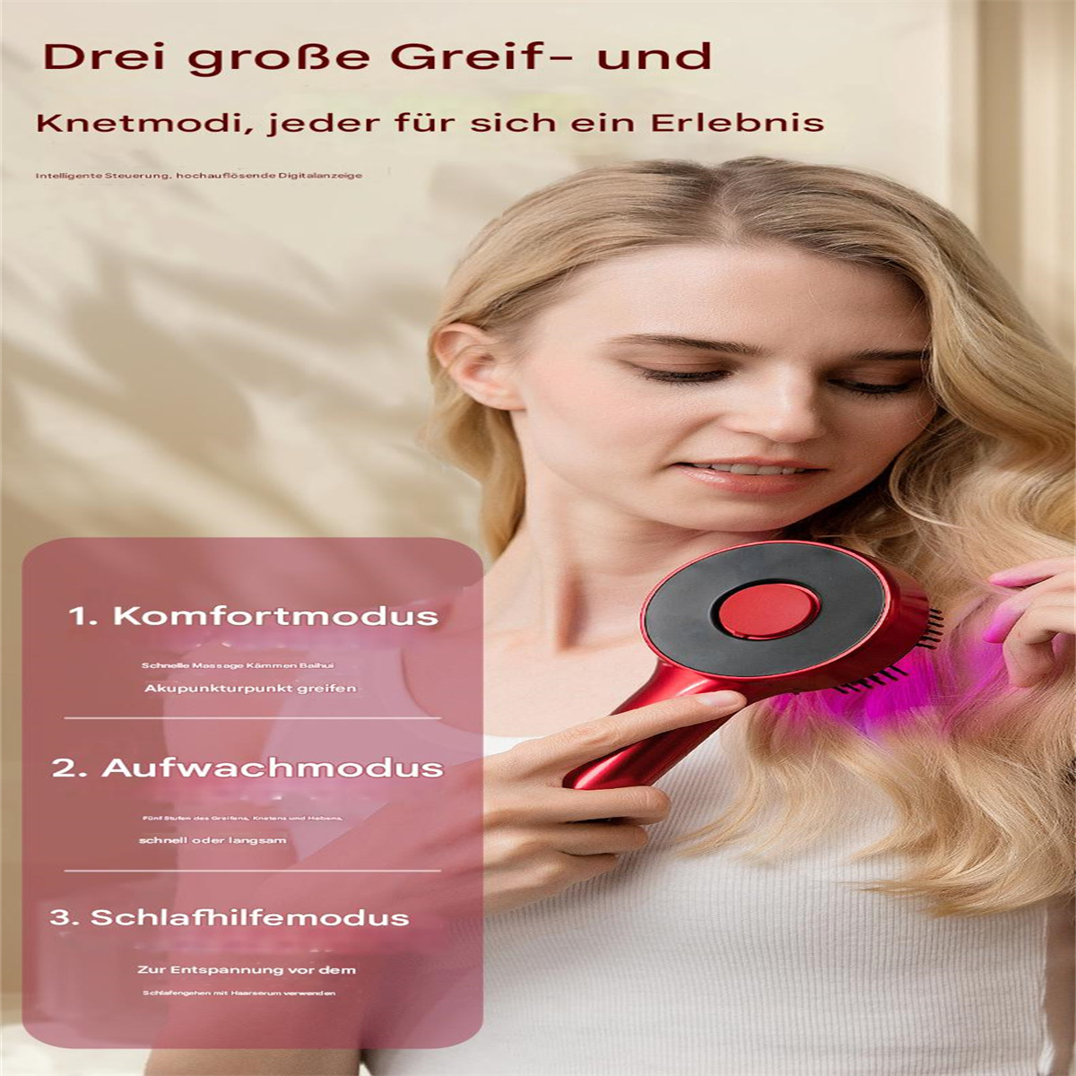 Frau benutzt eine rote Haarbürste. Textfelder mit Komfort-, Aufwach- und Schlafmodi.