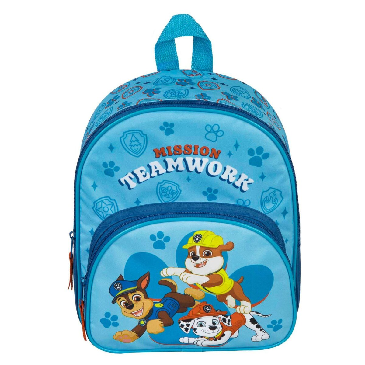 Blue backpack with Paw Patrol characters and the words 'Mission Teamwork'.
